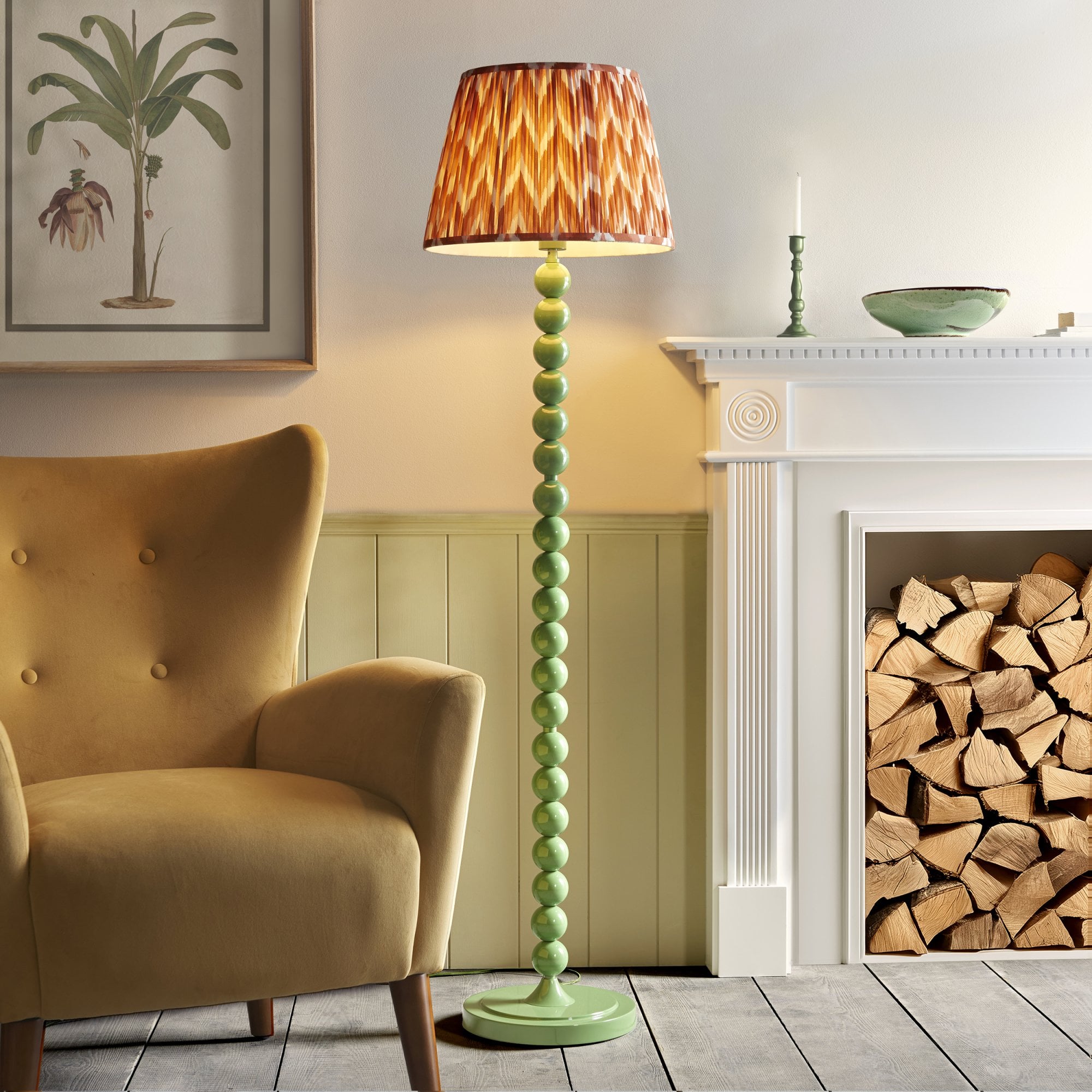 Endon Higgledy Gloss Cotswold Green Floor Lamp & Zigzag 40cm Apricot Orange Shade