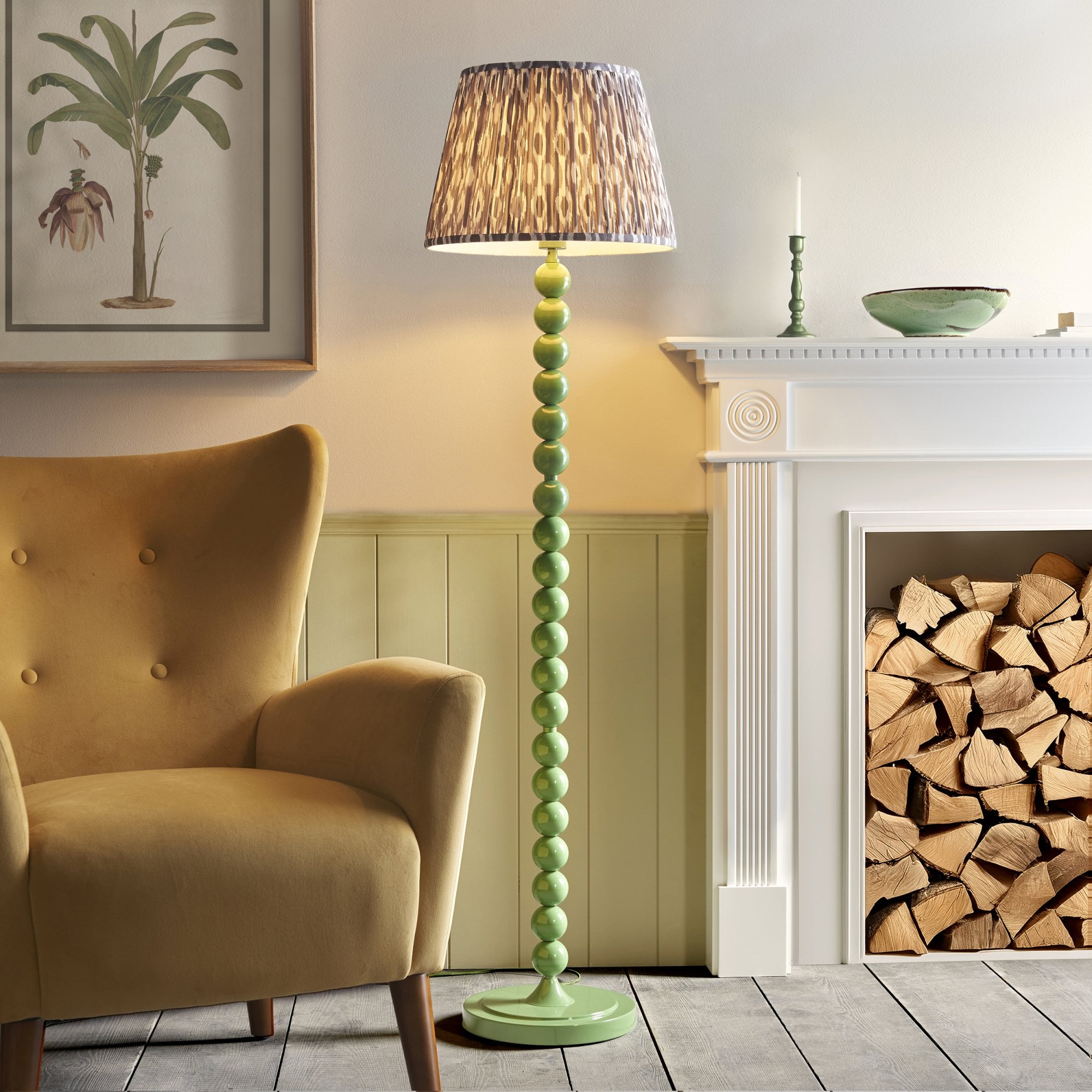 Endon Higgledy Gloss Cotswold Green Floor Lamp & Ikat 40cm Pearl Grey Shade