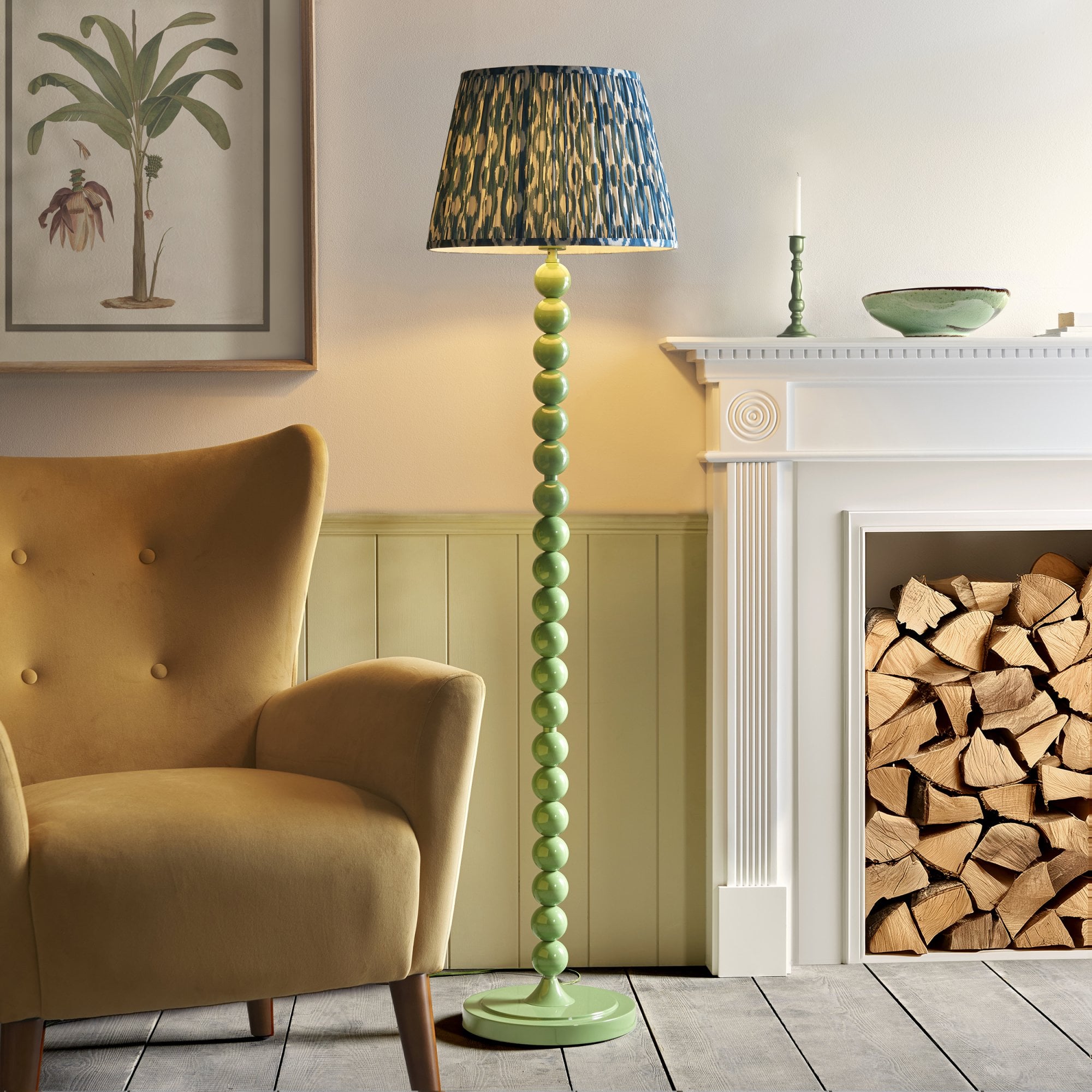 Endon Higgledy Gloss Cotswold Green Floor Lamp & Ikat 40cm Marlin Blue Shade