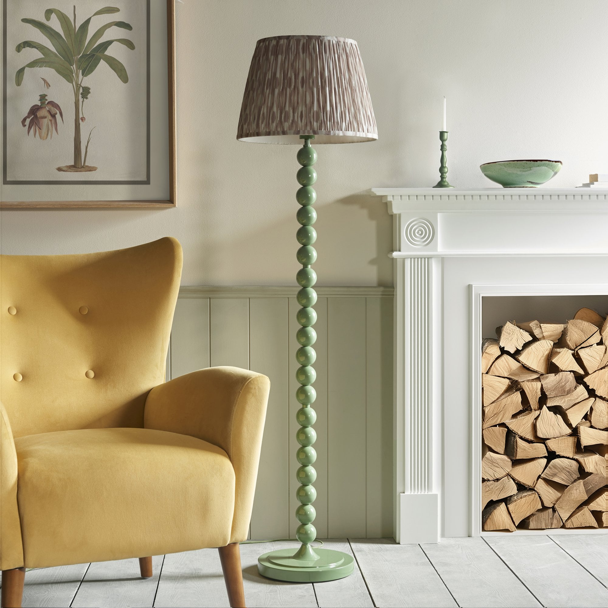 Endon Higgledy Gloss Cotswold Green Floor Lamp & Ikat 40cm Neutral Shade