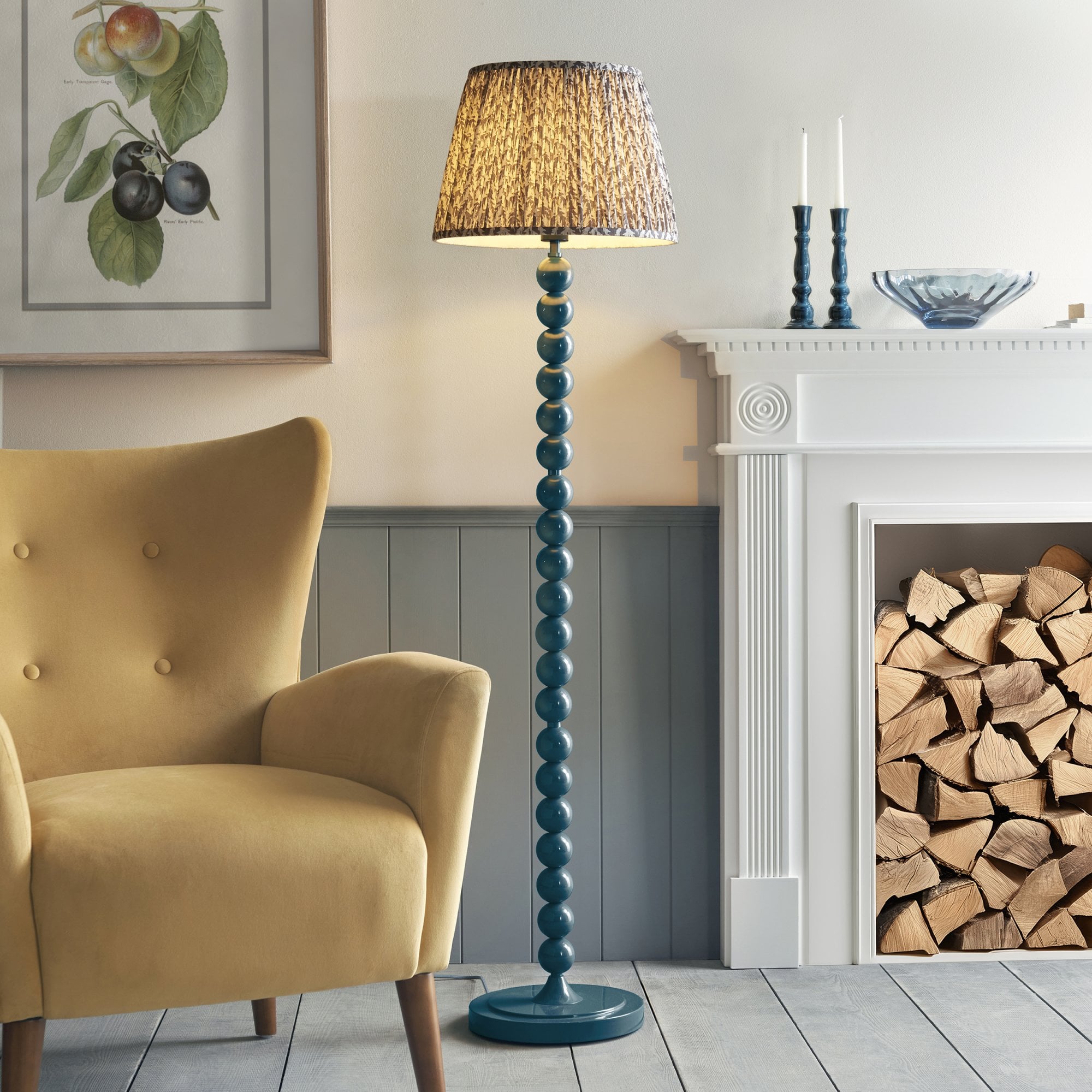Endon Higgledy Gloss Marlin Blue Floor Lamp & Leaf 40cm Pearl Grey Shade