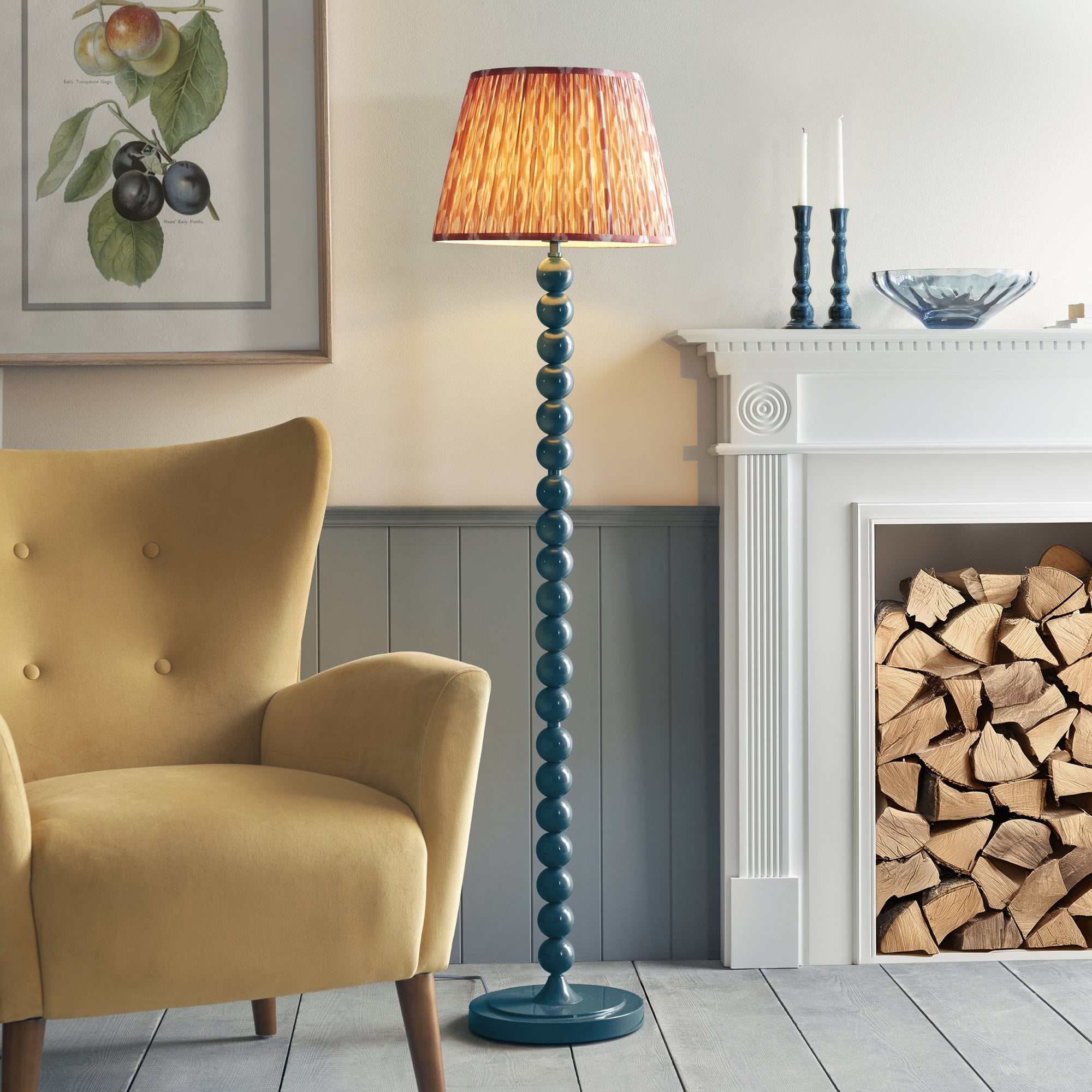 Endon Higgledy Gloss Marlin Blue Floor Lamp & Ikat 40cm Coral Pink Shade