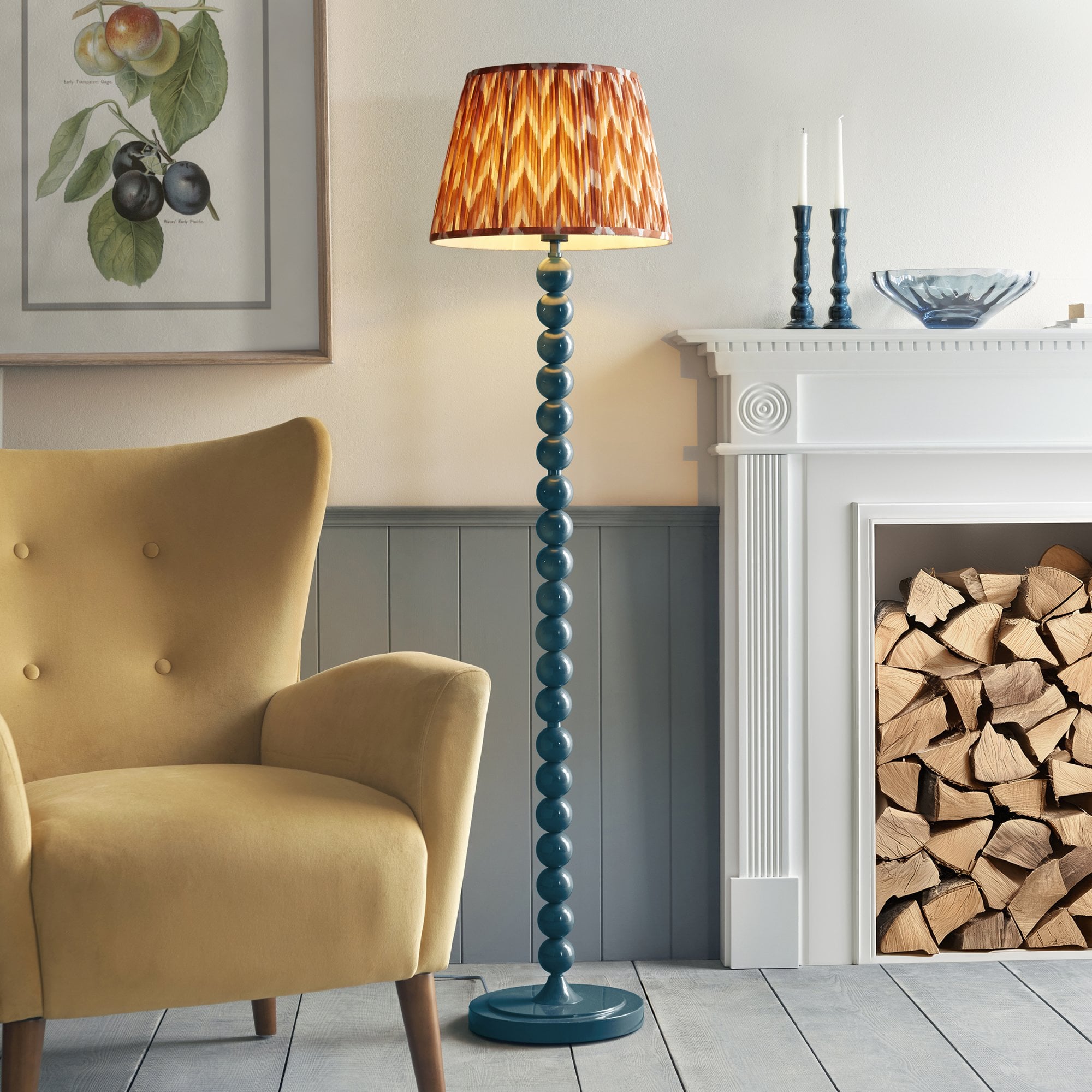 Endon Higgledy Gloss Marlin Blue Floor Lamp & Zigzag 40cm Apricot Orange Shade