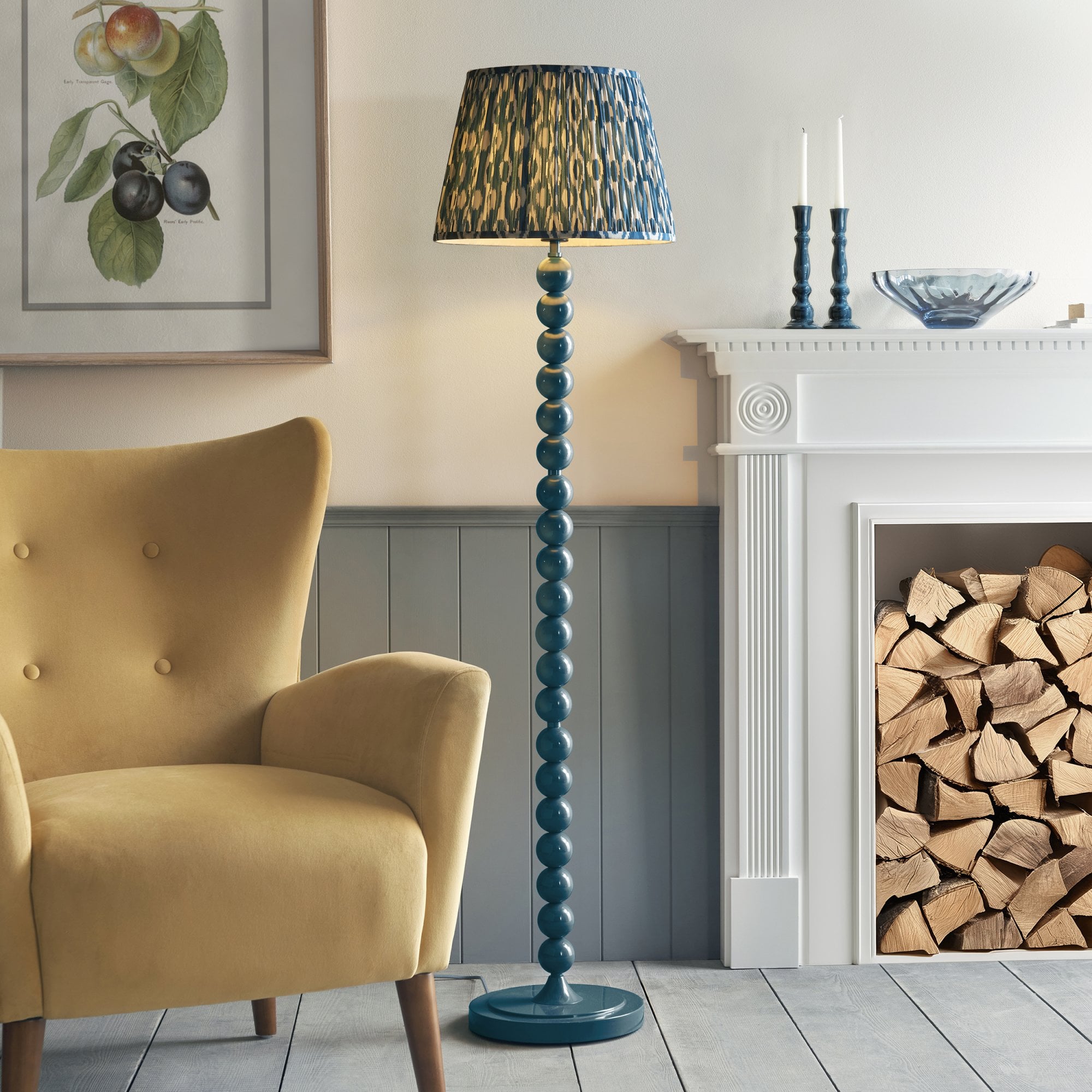 Endon Higgledy Gloss Marlin Blue Floor Lamp & Ikat 40cm Marlin Blue Shade