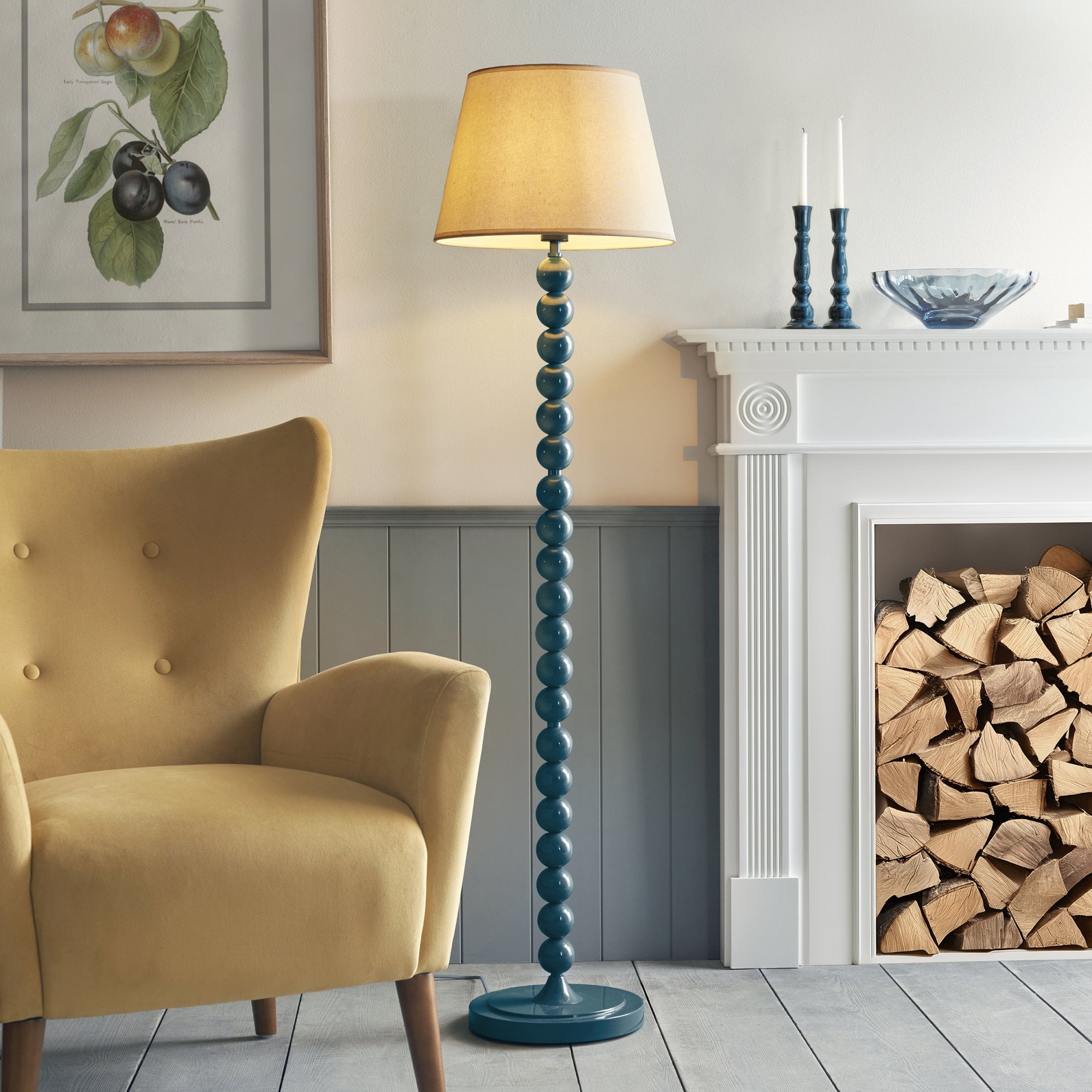 Endon Higgledy Gloss Marlin Blue Floor Lamp & Ivy 40cm Vintage White Shade