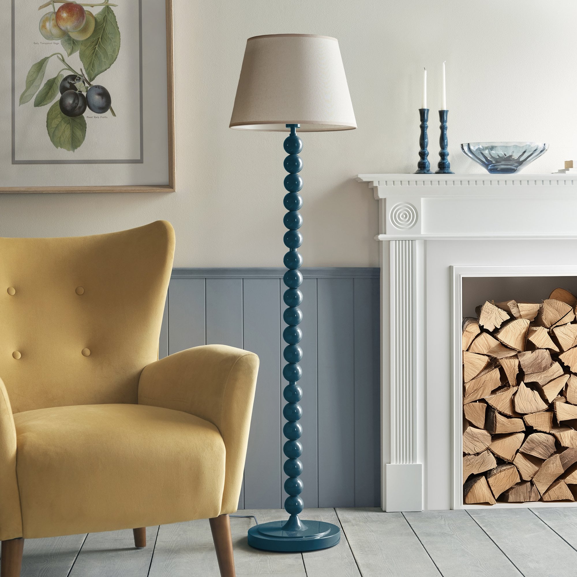 Endon Higgledy Gloss Marlin Blue Floor Lamp & Ivy 40cm Vintage White Shade