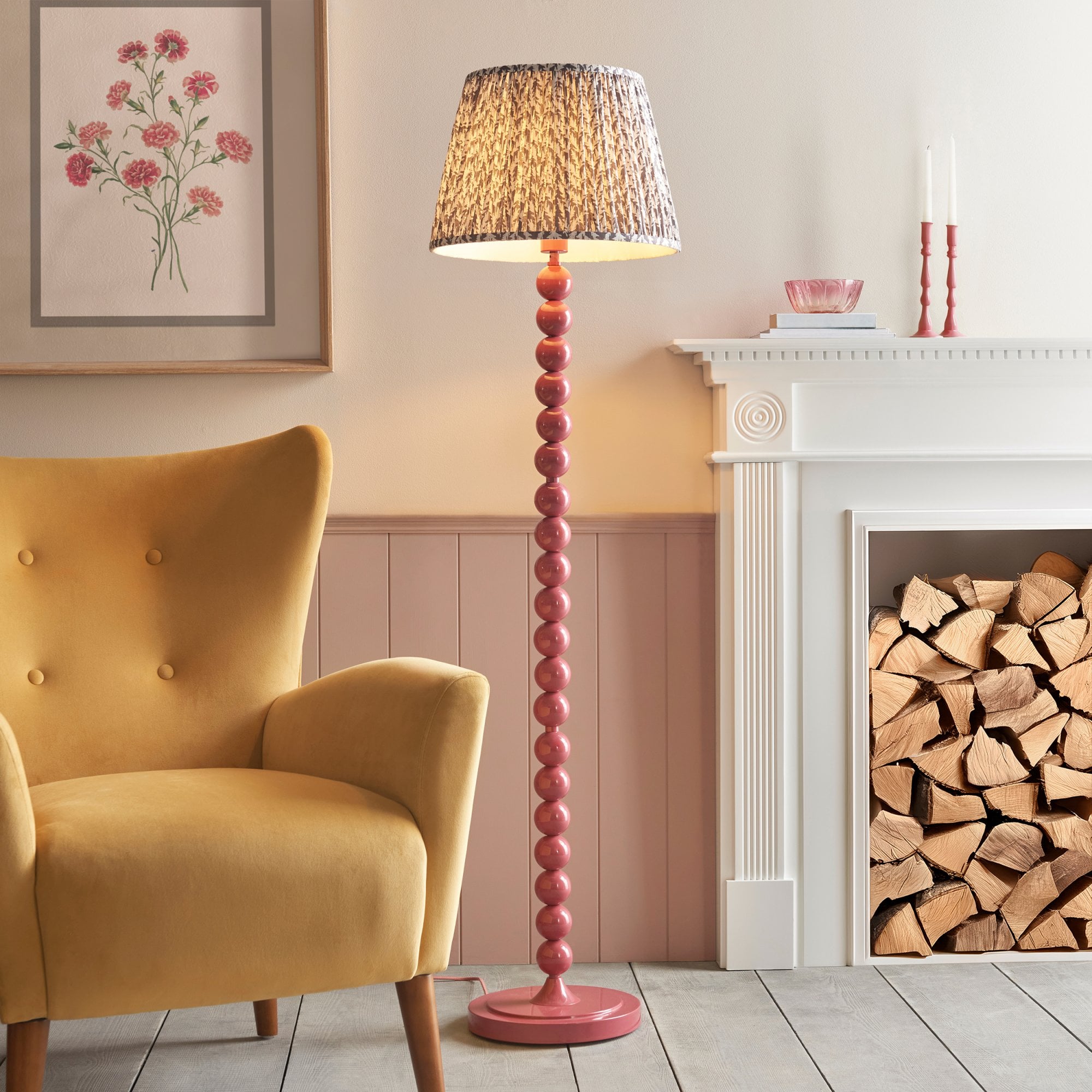 Endon Higgledy Gloss Pink Clay Floor Lamp & Leaf 40cm Pearl Grey Shade