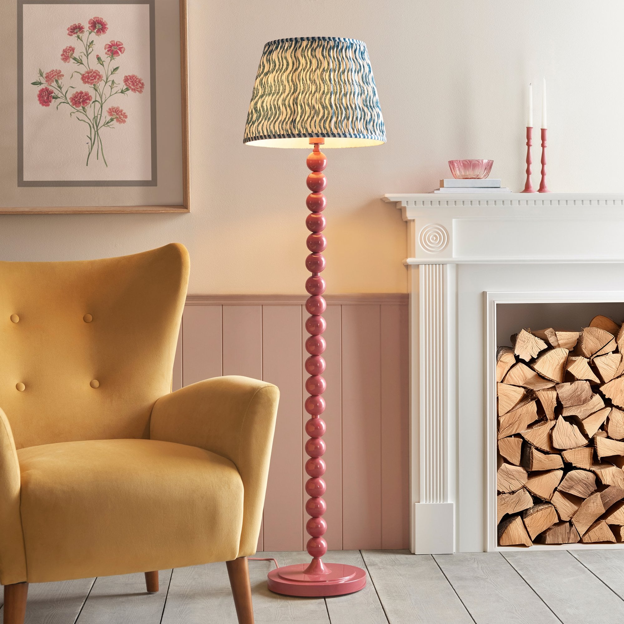 Endon Higgledy Gloss Pink Clay Floor Lamp & Ripple 40cm Marlin Blue Shade