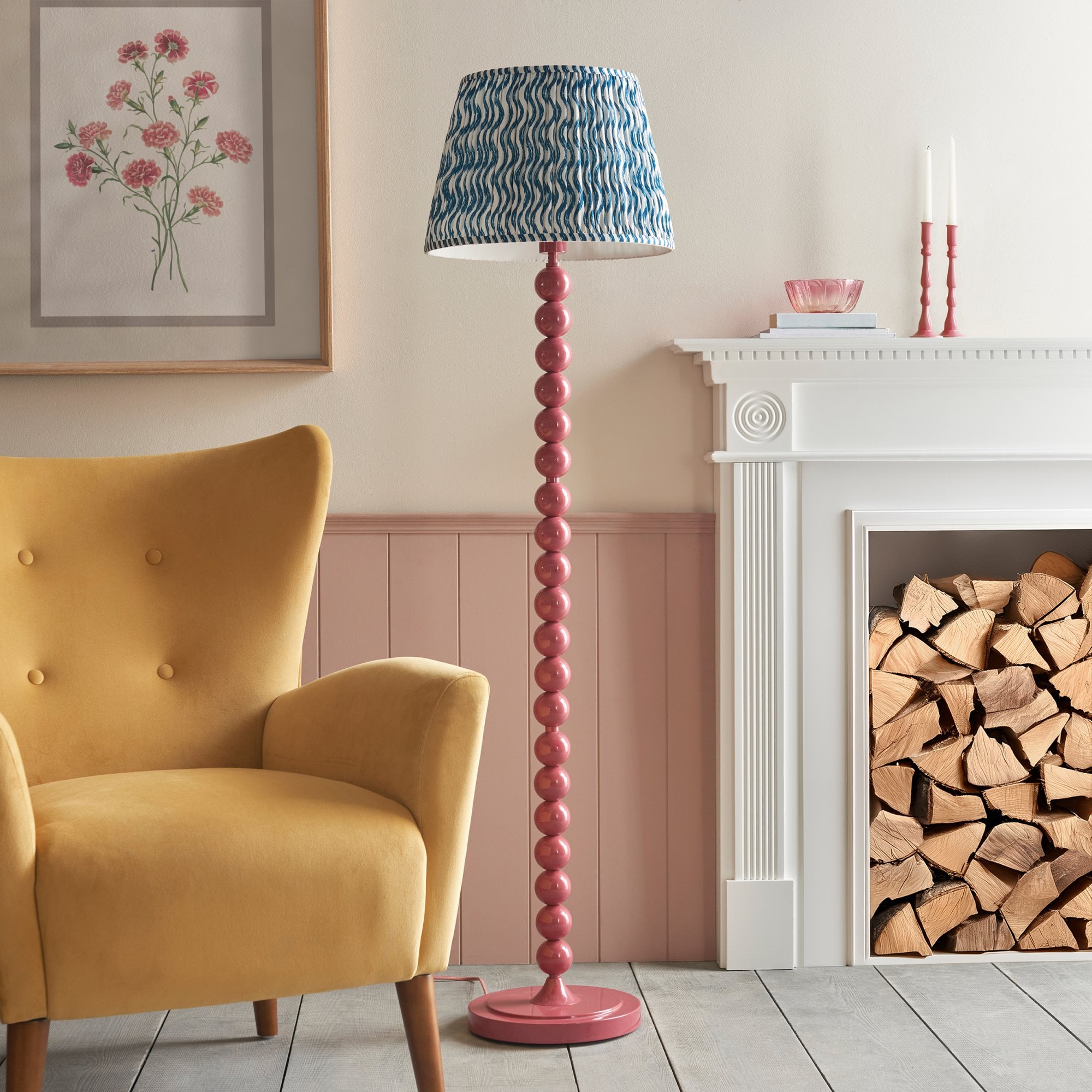 Endon Higgledy Gloss Pink Clay Floor Lamp & Ripple 40cm Marlin Blue Shade
