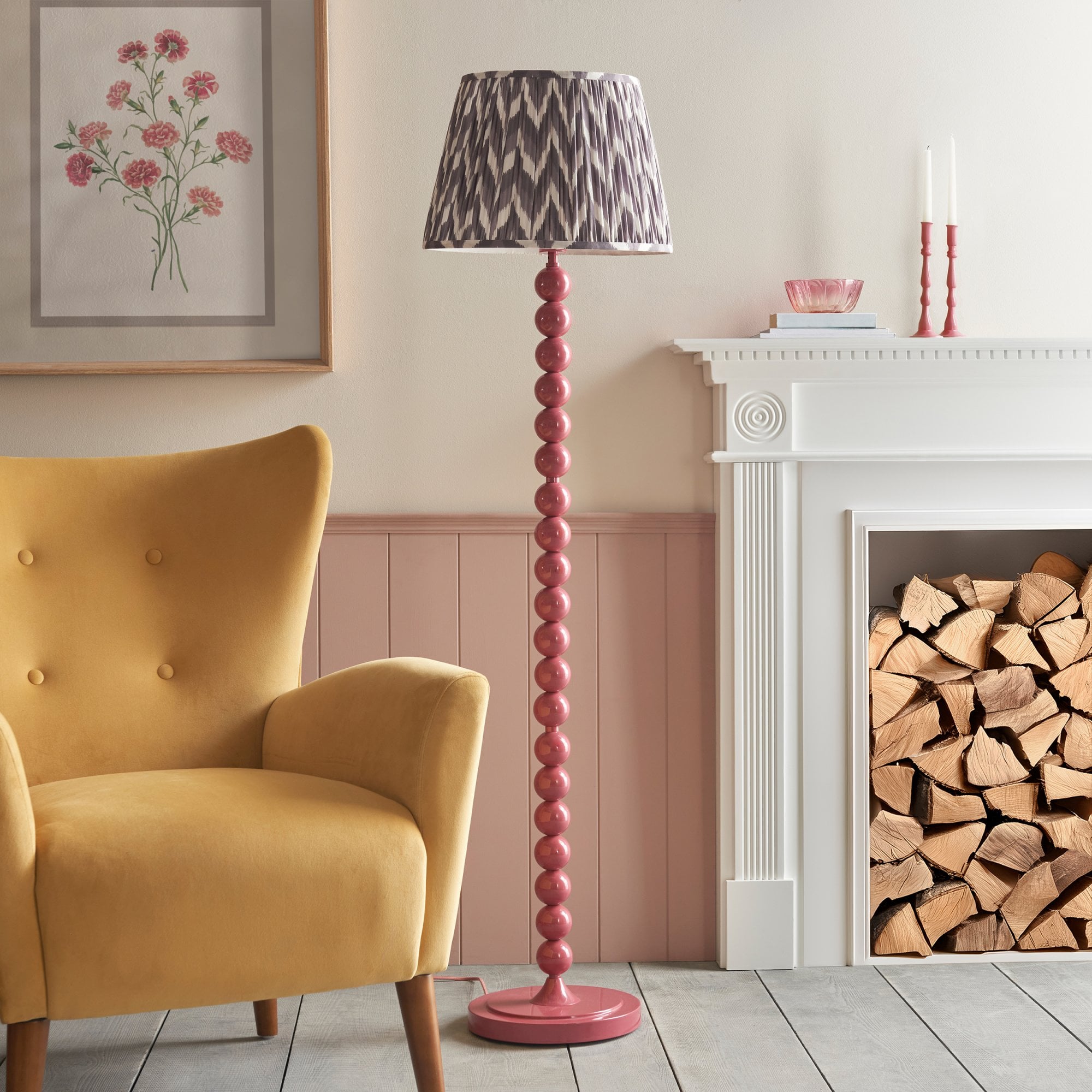 Endon Higgledy Gloss Pink Clay Floor Lamp & Zigzag 40cm Pearl Grey Shade
