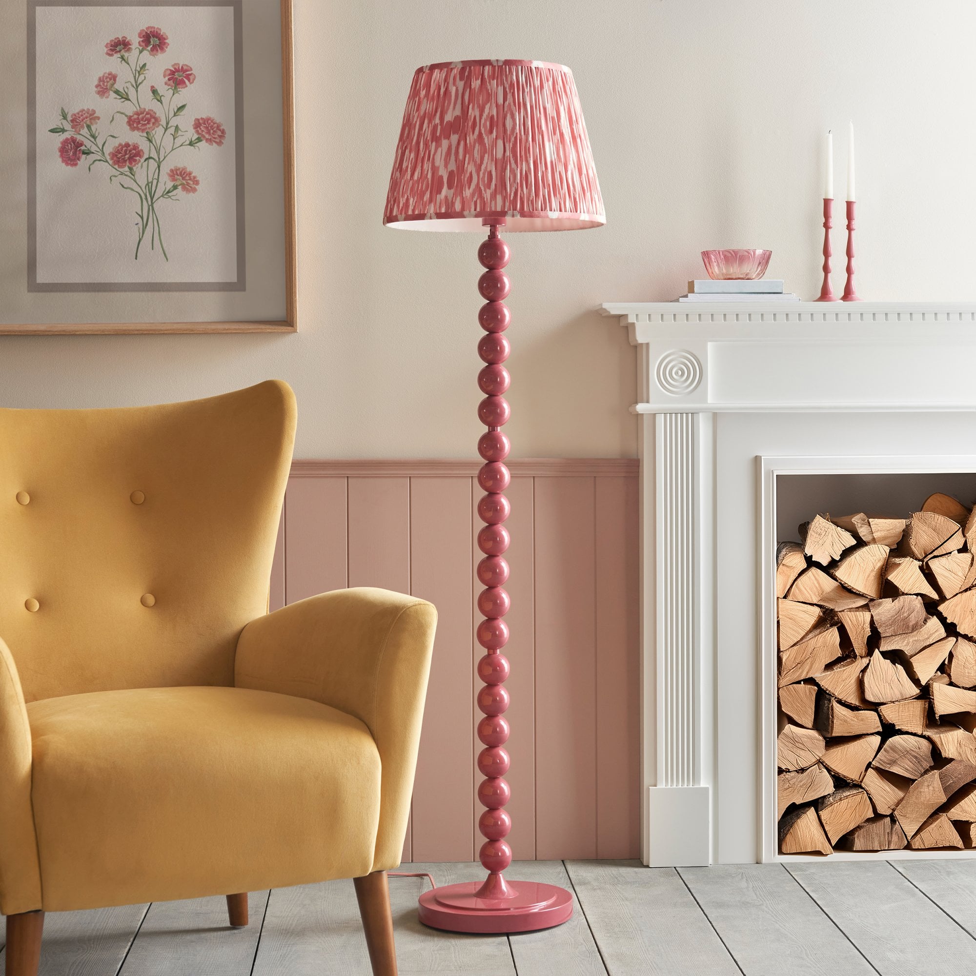 Endon Higgledy Gloss Pink Clay Floor Lamp & Ikat 40cm Coral Pink Shade
