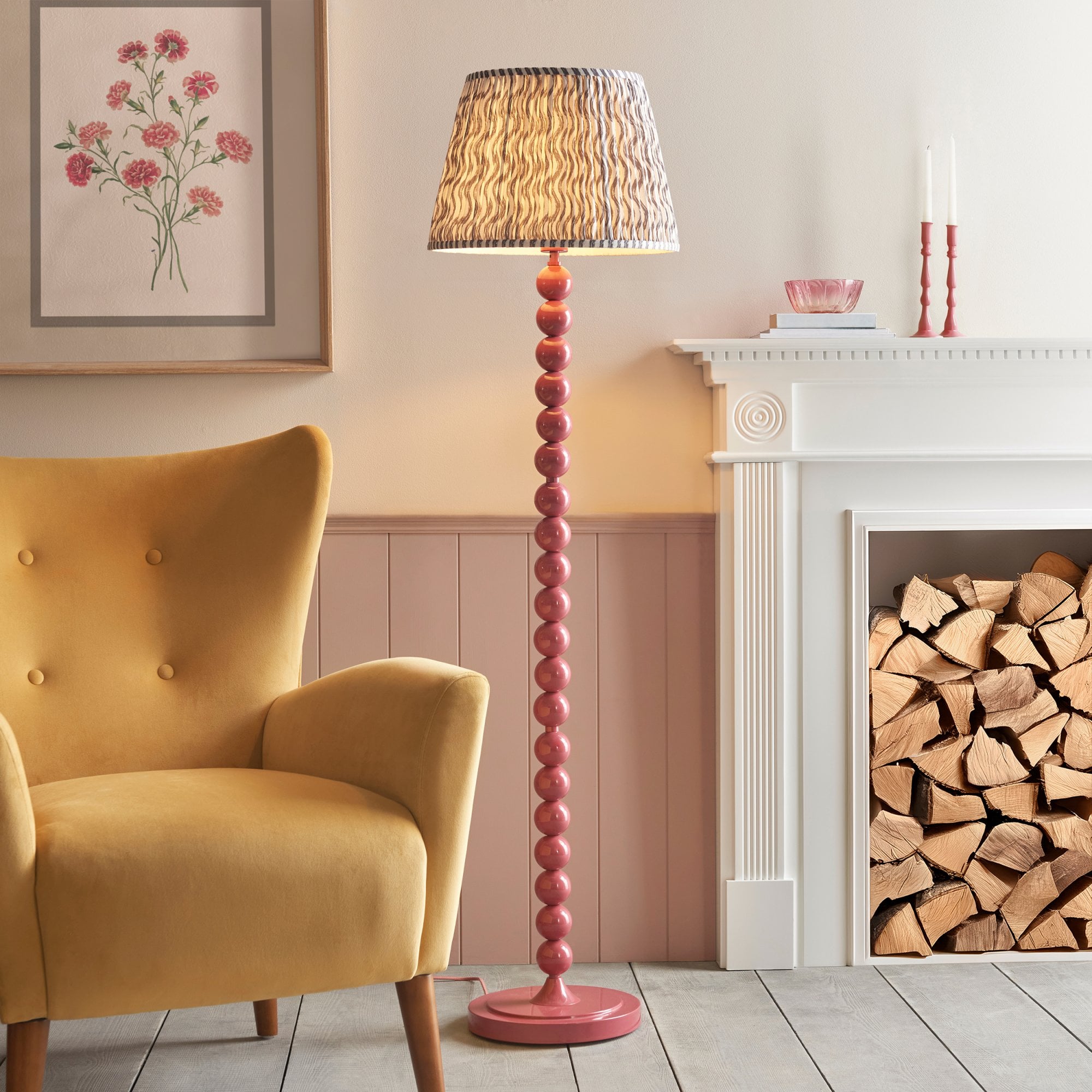Endon Higgledy Gloss Pink Clay Floor Lamp & Ripple 40cm Pearl Grey Shade