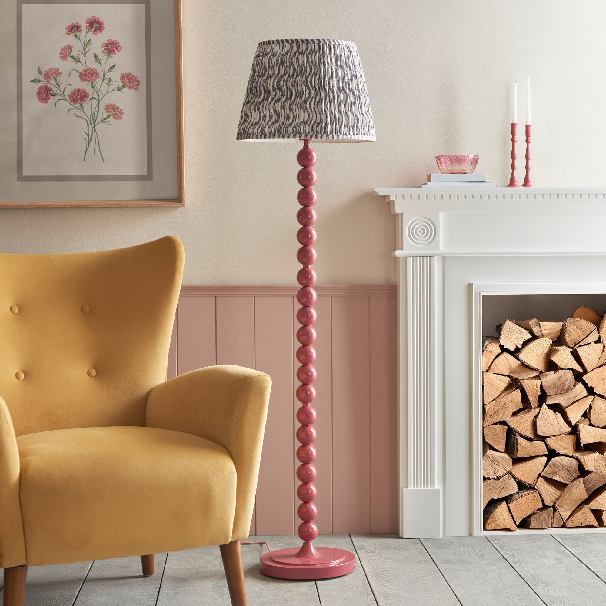 Endon Higgledy Gloss Pink Clay Floor Lamp & Ripple 40cm Pearl Grey Shade
