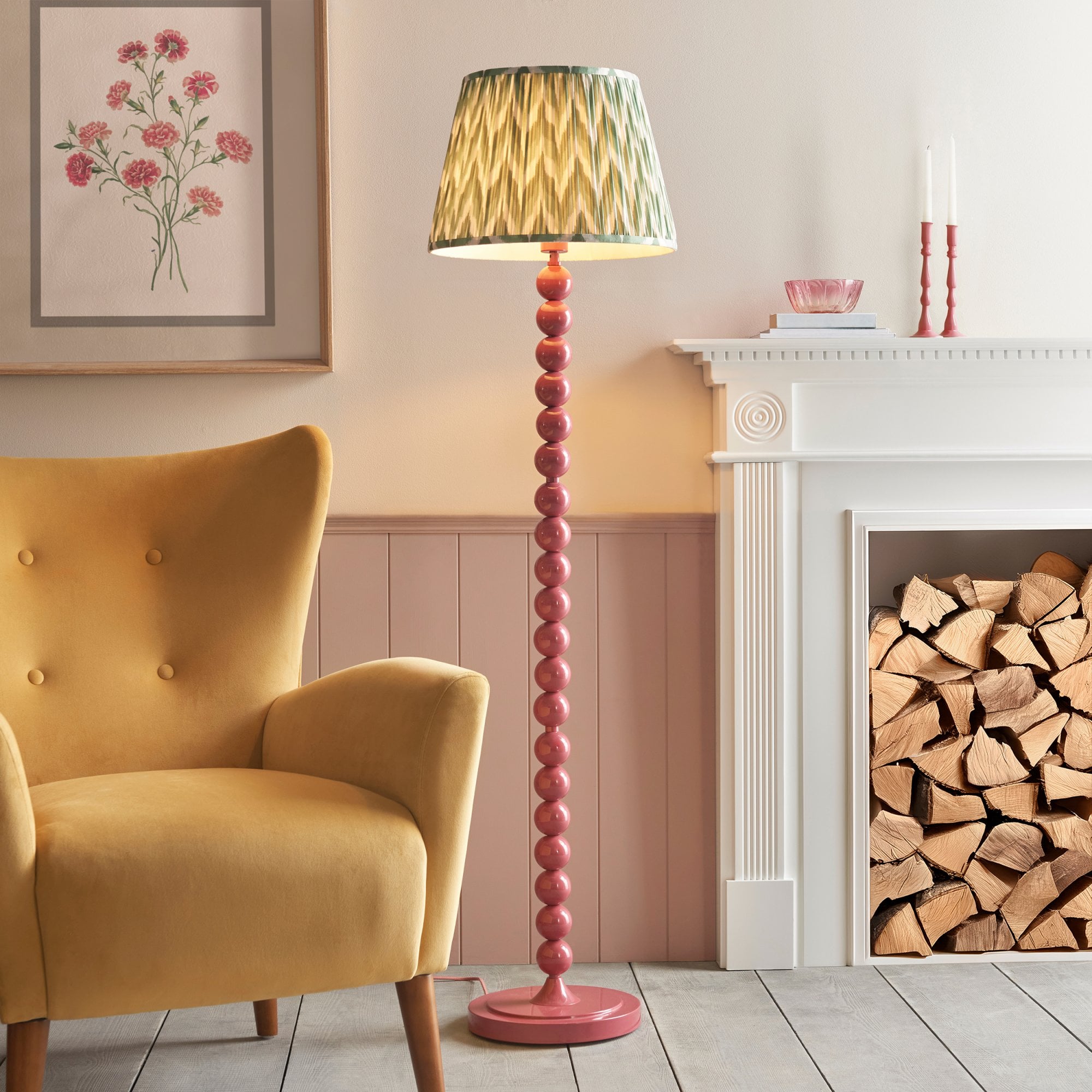 Endon Higgledy Gloss Pink Clay Floor Lamp & Zigzag 40cm Cotswold Green Shade