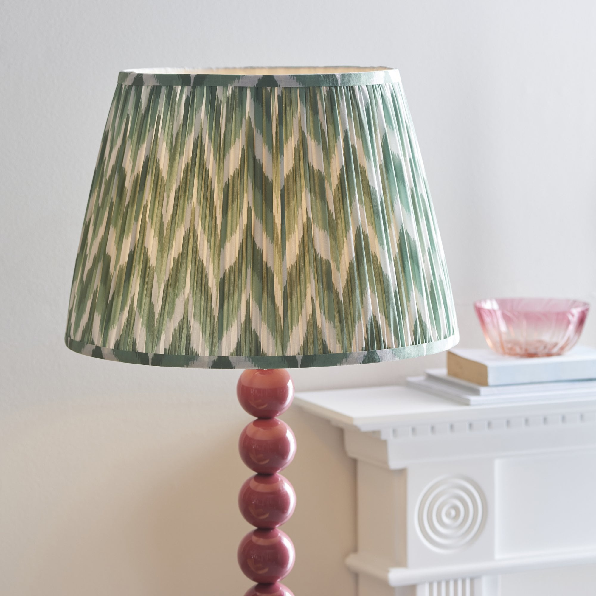 Endon Higgledy Gloss Pink Clay Floor Lamp & Zigzag 40cm Cotswold Green Shade