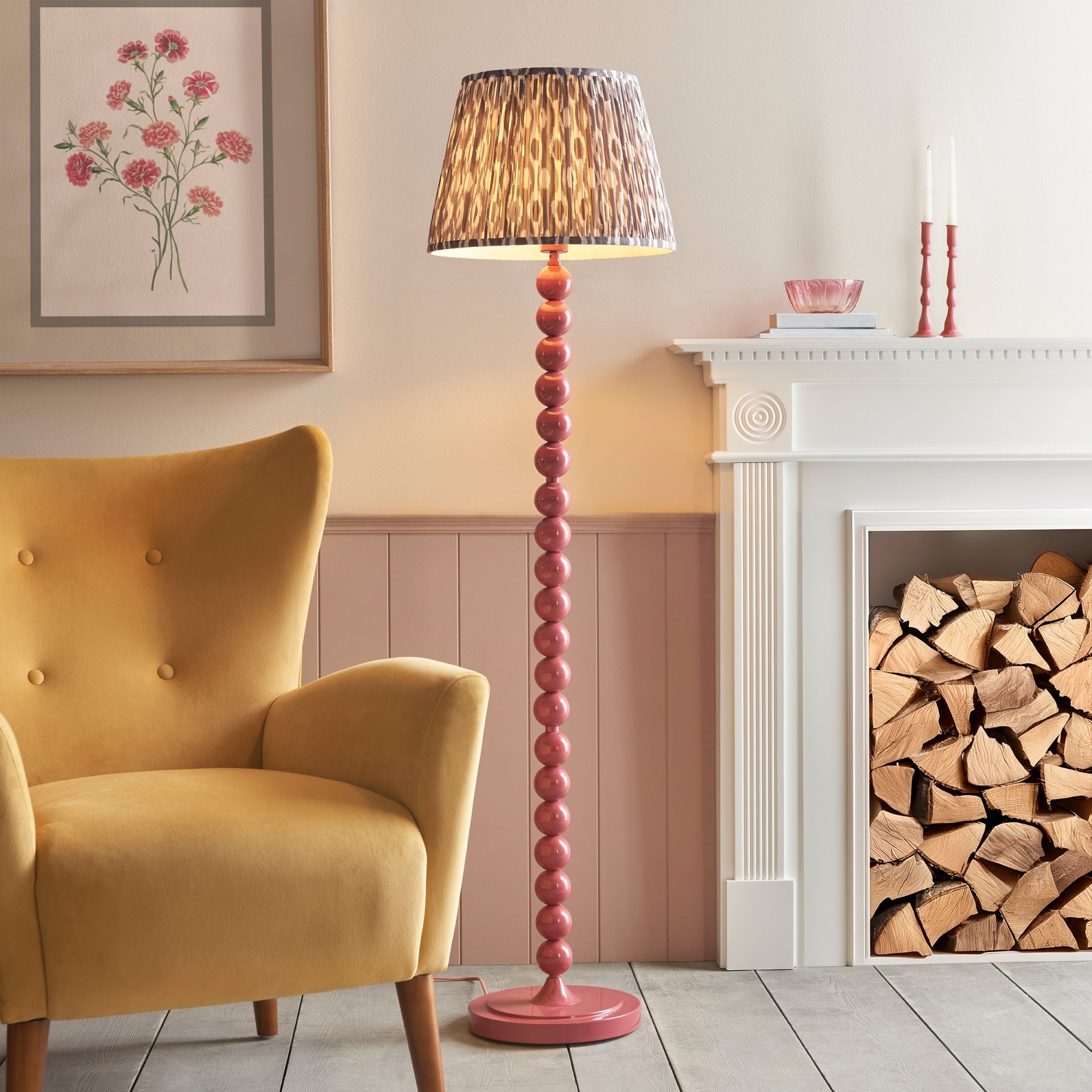 Endon Higgledy Gloss Pink Clay Floor Lamp & Ikat 40cm Pearl Grey Shade