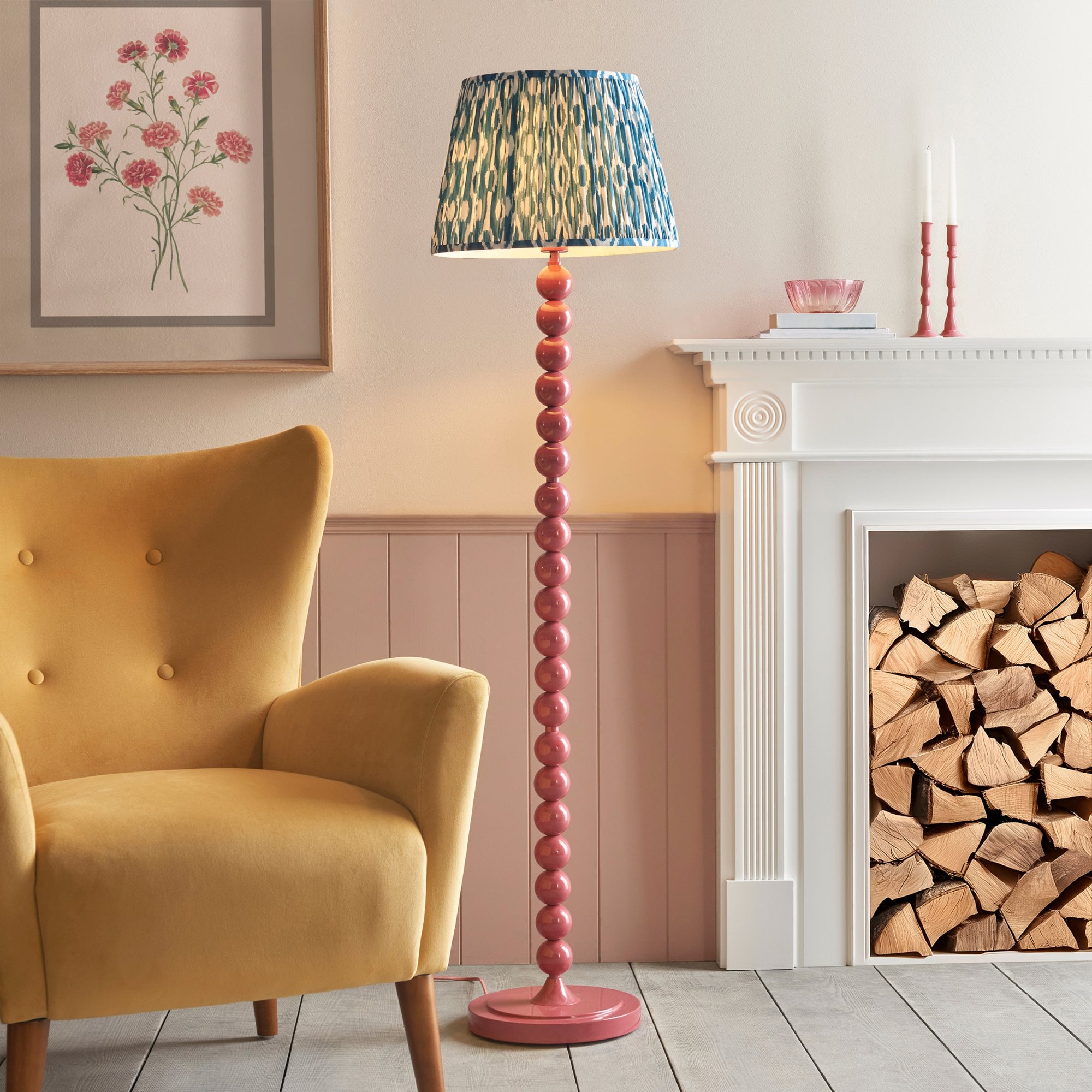 Endon Higgledy Gloss Pink Clay Floor Lamp & Ikat 40cm Marlin Blue Shade