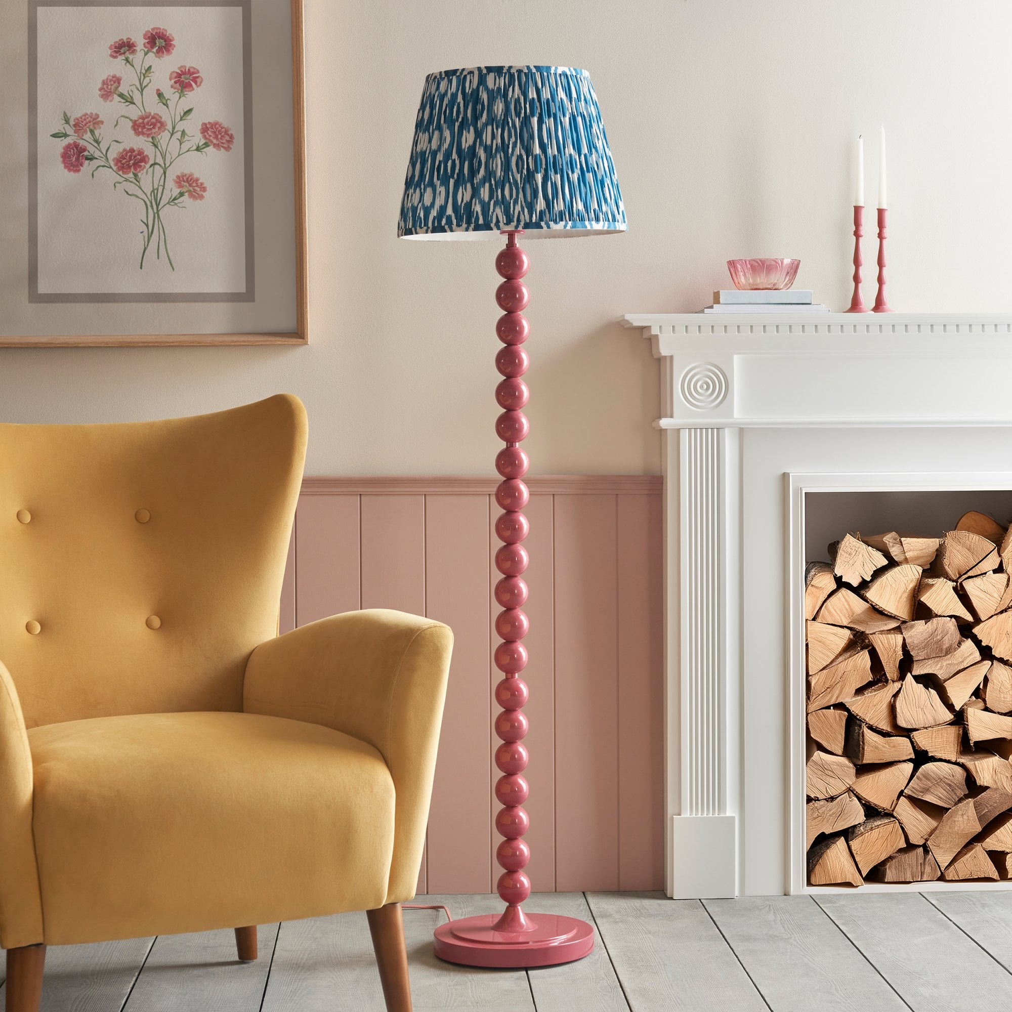 Endon Higgledy Gloss Pink Clay Floor Lamp & Ikat 40cm Marlin Blue Shade