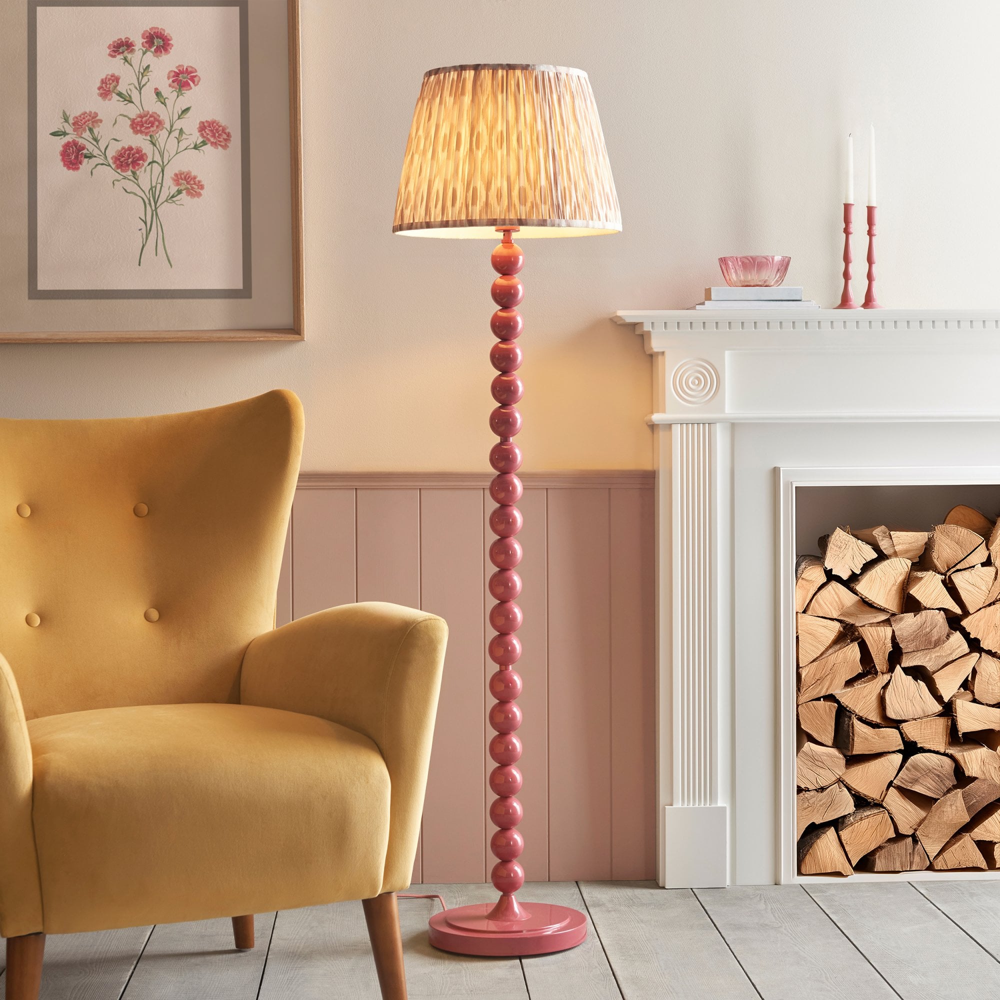 Endon Higgledy Gloss Pink Clay Floor Lamp & Ikat 40cm Neutral Shade