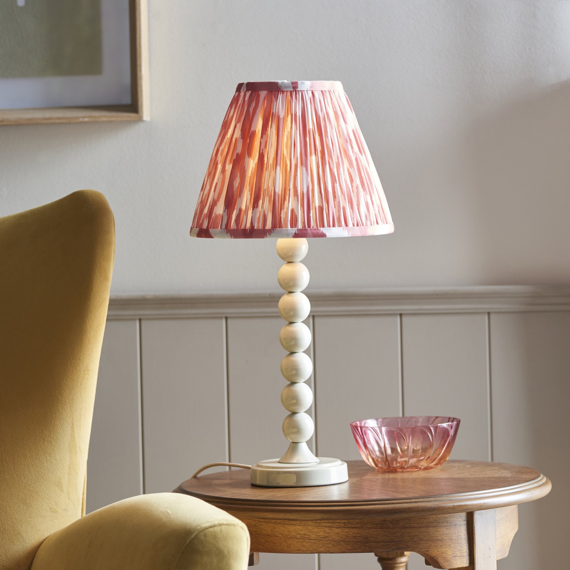 Endon Higgledy Gloss Almond White Table Lamp & Ikat 25cm Coral Pink Shade