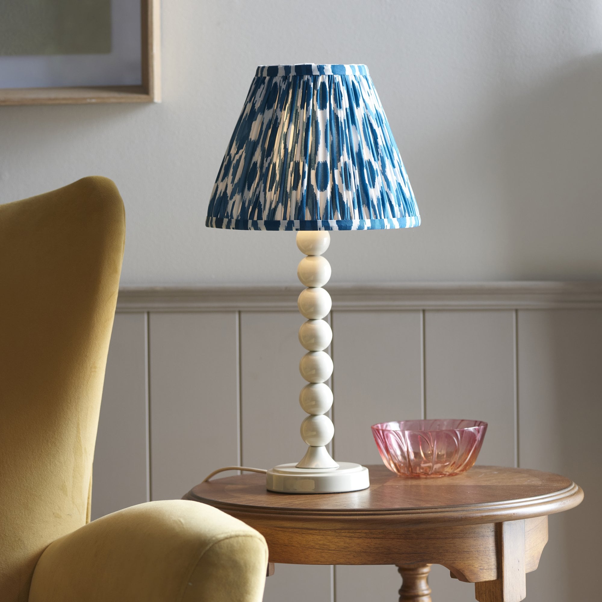 Endon Higgledy Gloss Almond White Table Lamp & Ikat 25cm Marlin Blue Shade
