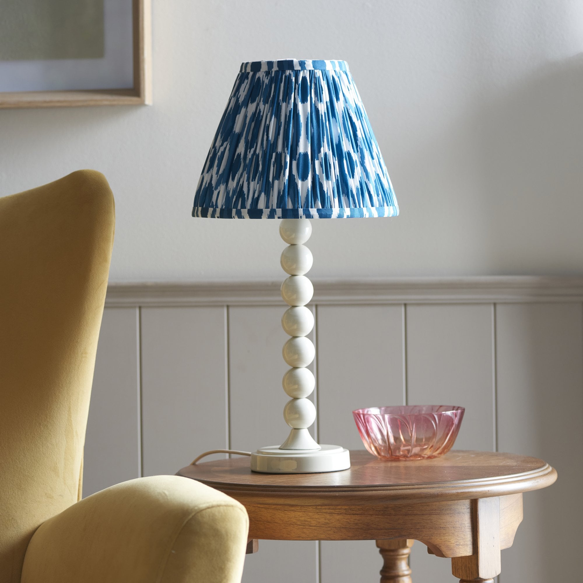 Endon Higgledy Gloss Almond White Table Lamp & Ikat 25cm Marlin Blue Shade