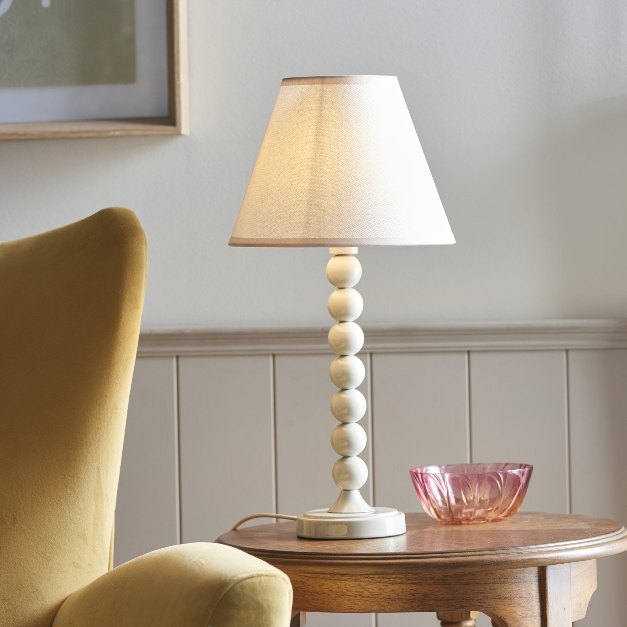 Endon Higgledy Gloss Almond White Table Lamp & Ivy 25cm Vintage White Shade