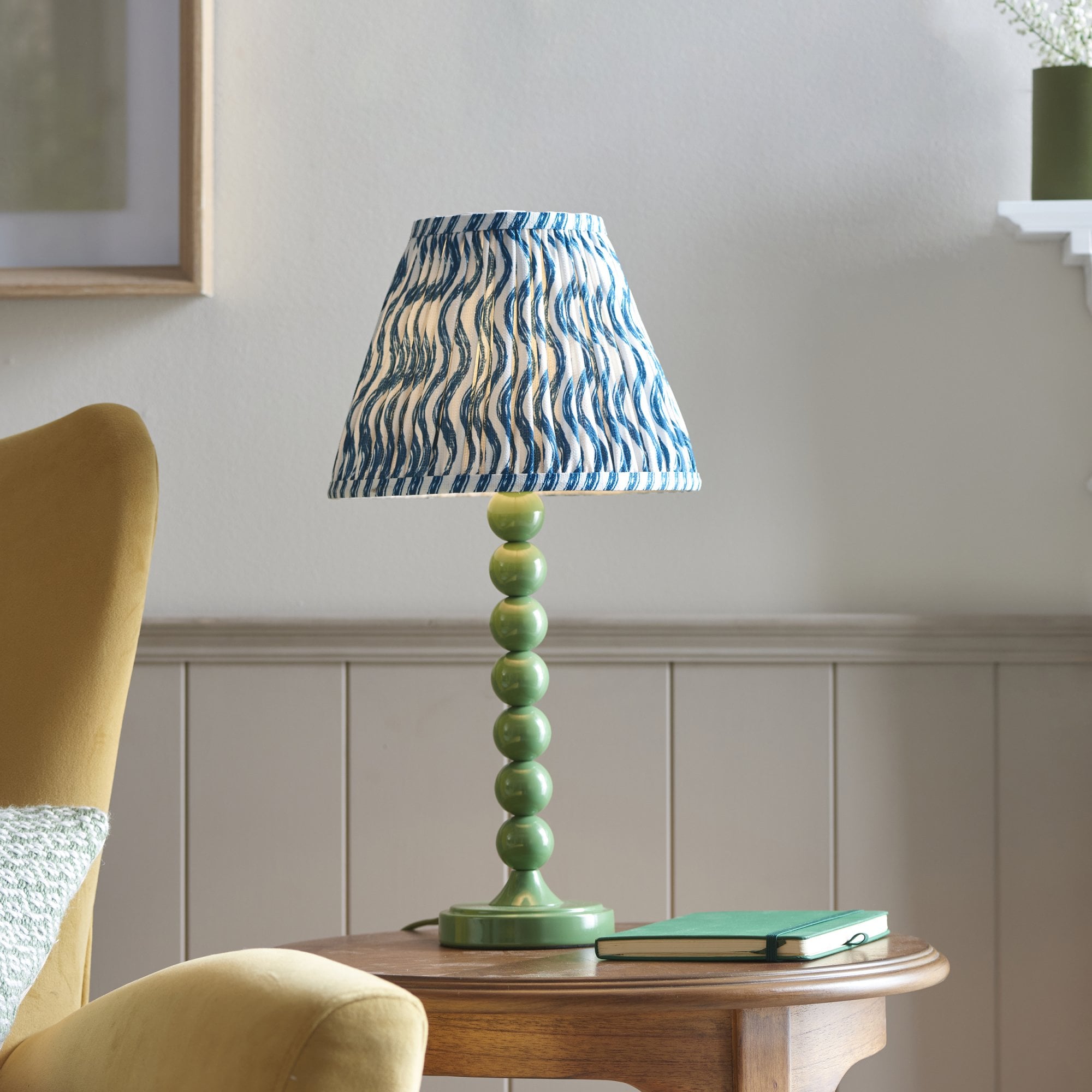 Endon Higgledy Gloss Cotswold Green Table Lamp & Ripple 25cm Marlin Blue Shade