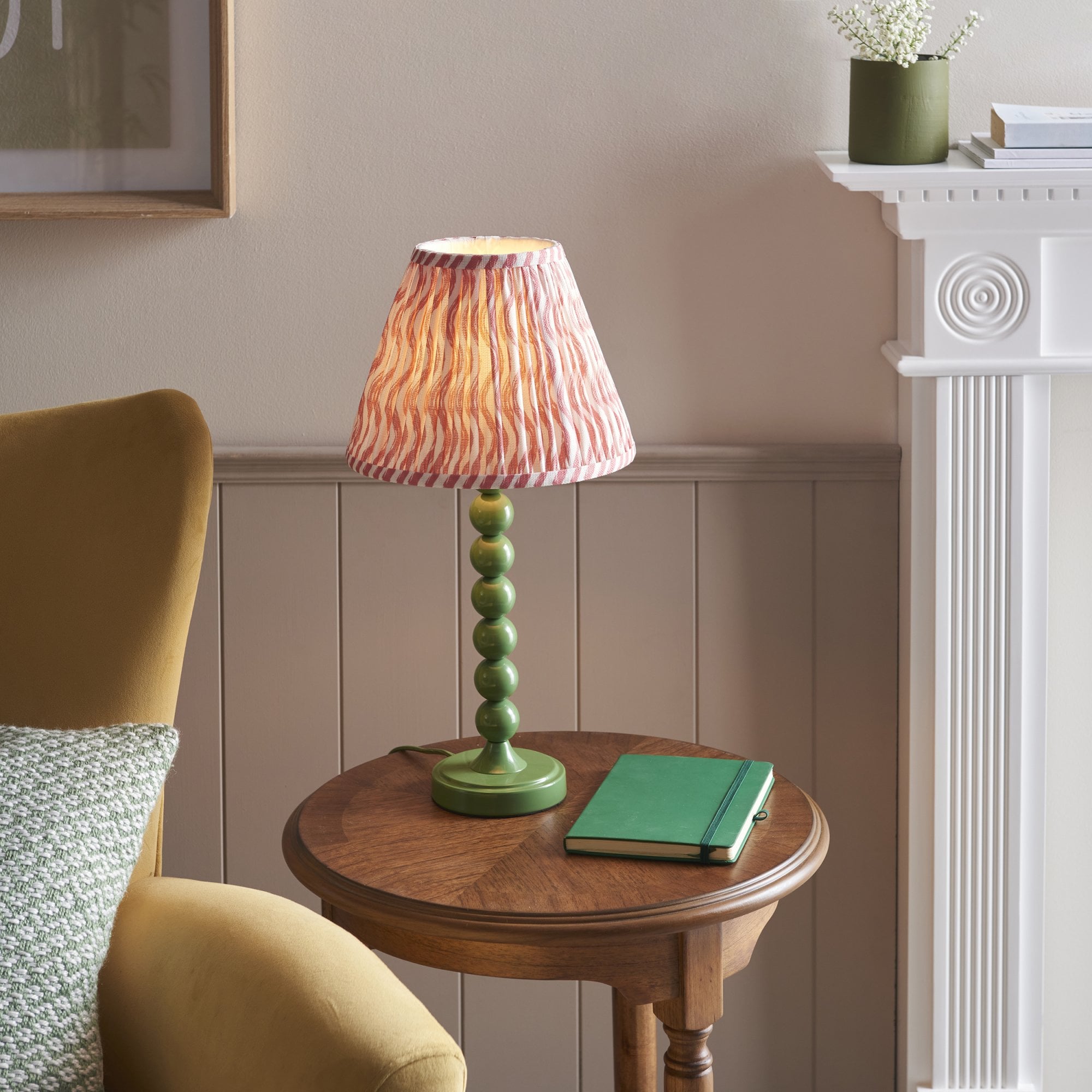 Endon Higgledy Gloss Cotswold Green Table Lamp & Ripple 25cm Coral Pink Shade