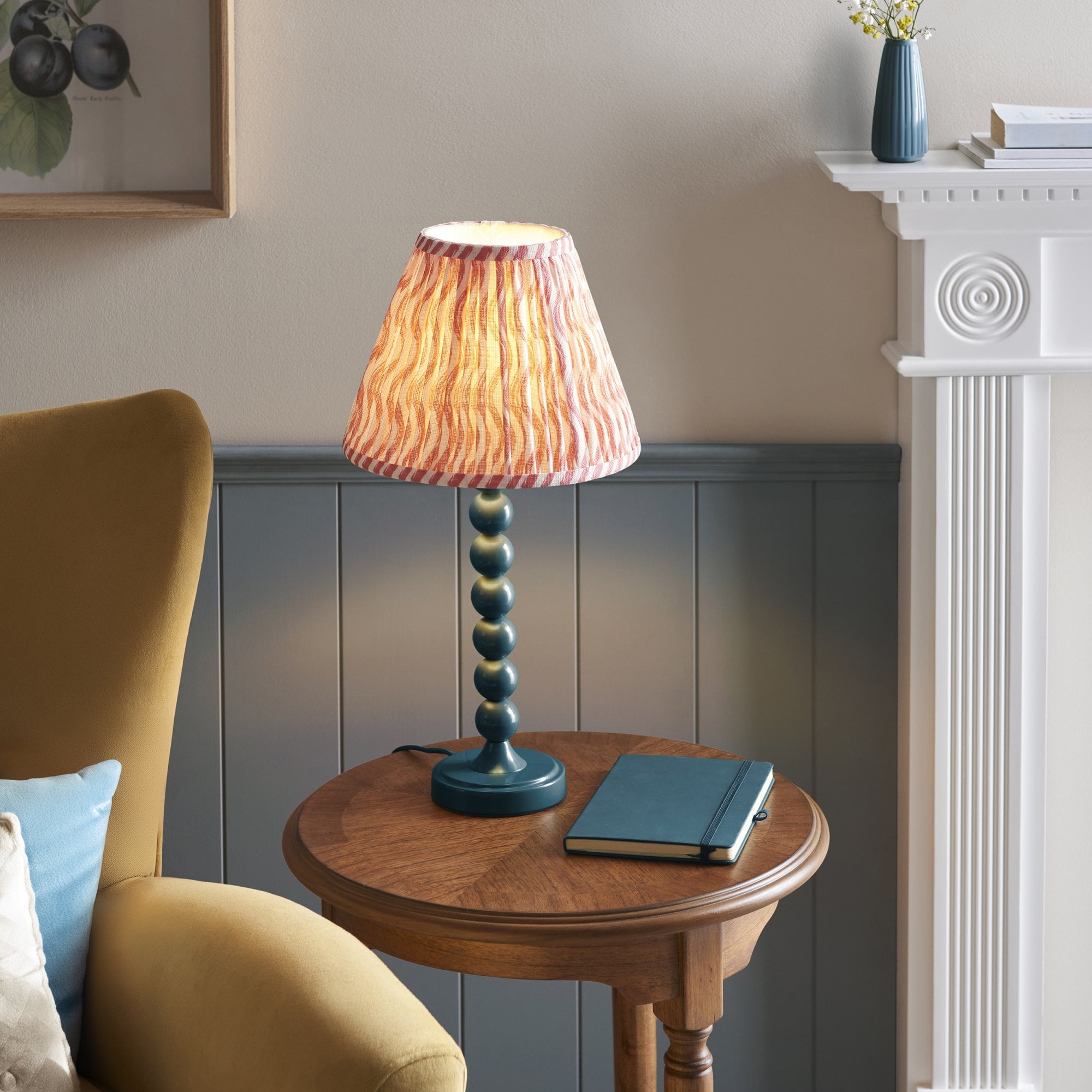 Endon Higgledy Gloss Marlin Blue Table Lamp & Ripple 25cm Coral Pink Shade