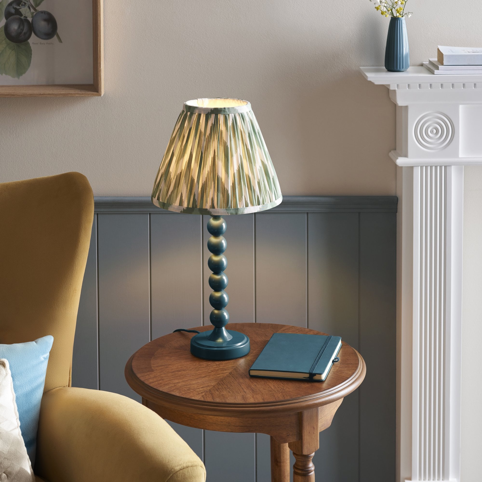 Endon Higgledy Gloss Marlin Blue Table Lamp & Zigzag 25cm Cotswold Green Shade