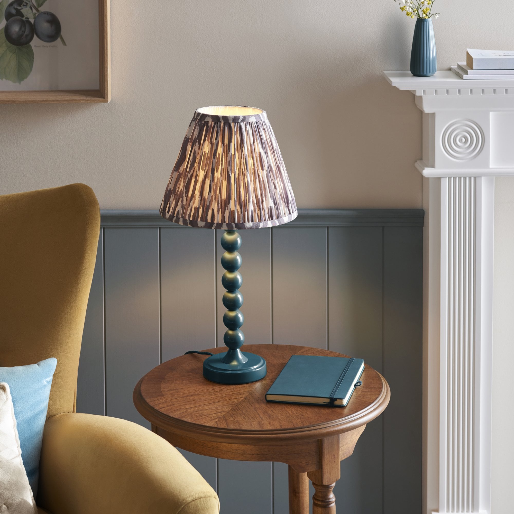 Endon Higgledy Gloss Marlin Blue Table Lamp & Ikat 25cm Pearl Grey Shade