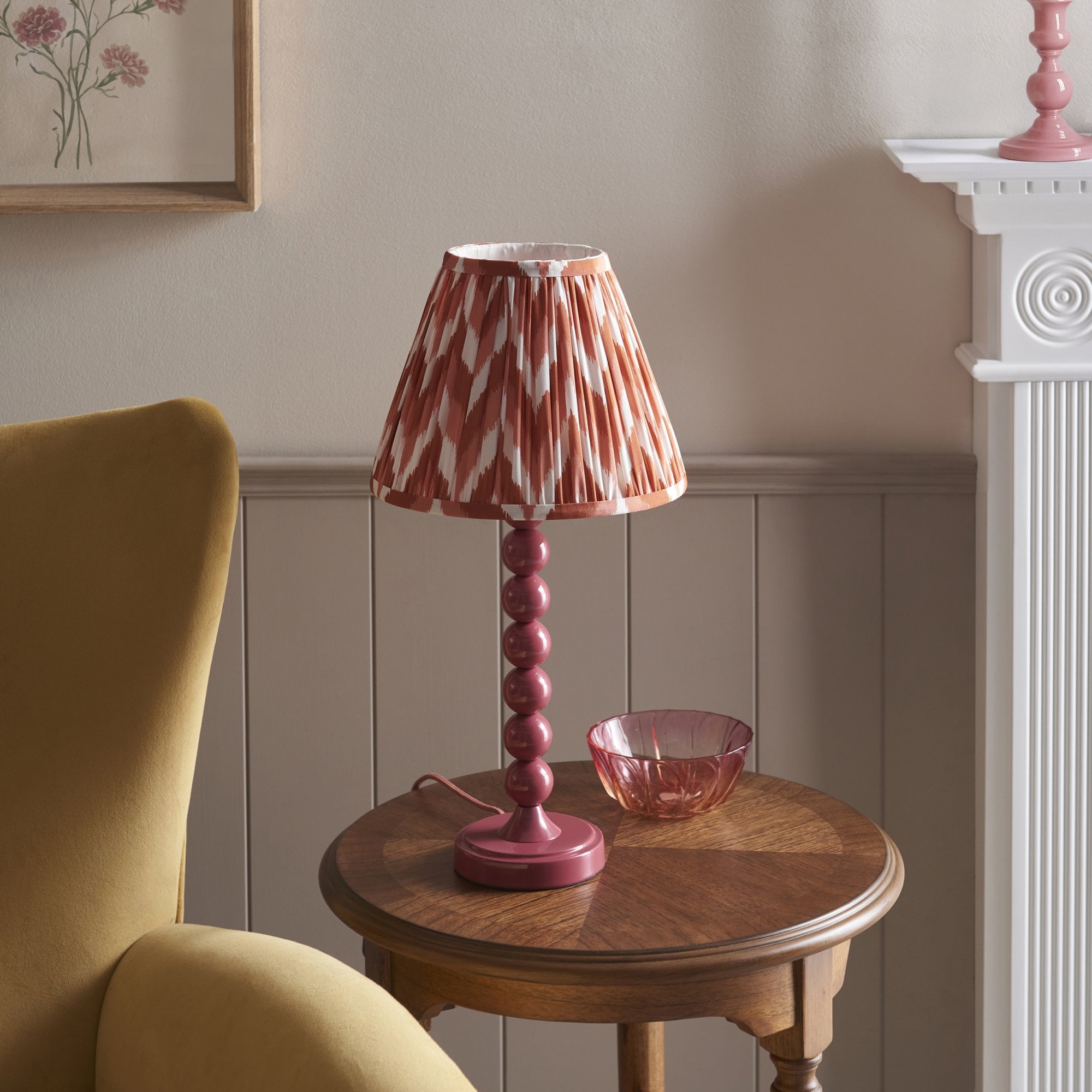 Endon Higgledy Gloss Pink Clay Table Lamp & Zigzag 25cm Apricot Orange Shade