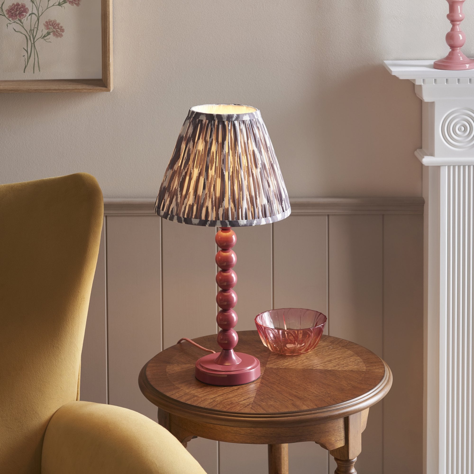 Endon Higgledy Gloss Pink Clay Table Lamp & Ikat 25cm Pearl Grey Shade
