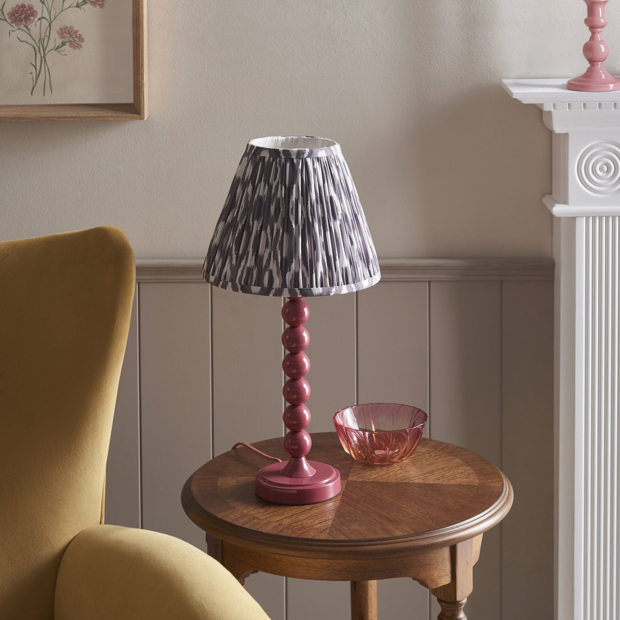 Endon Higgledy Gloss Pink Clay Table Lamp & Ikat 25cm Pearl Grey Shade