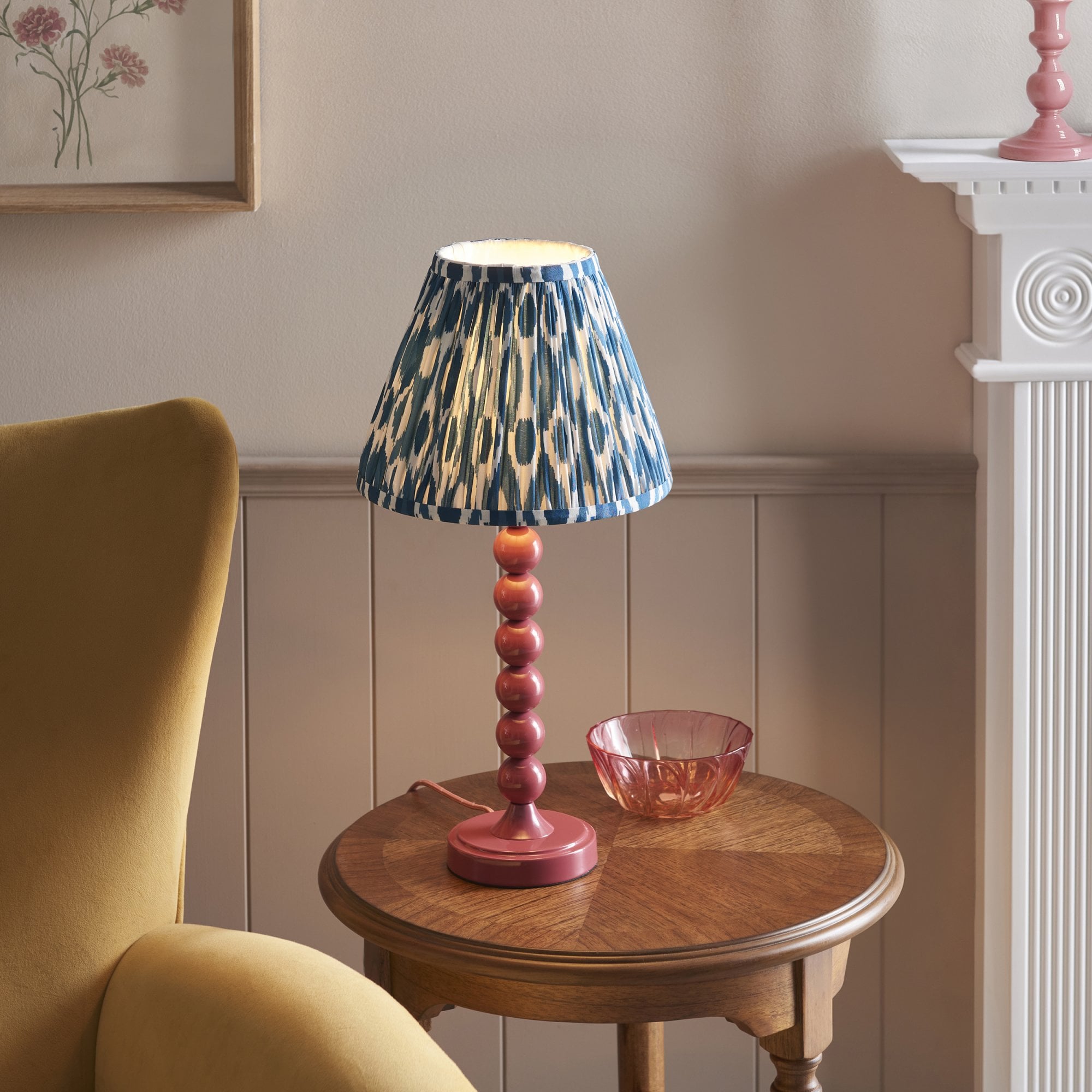 Endon Higgledy Gloss Pink Clay Table Lamp & Ikat 25cm Marlin Blue Shade