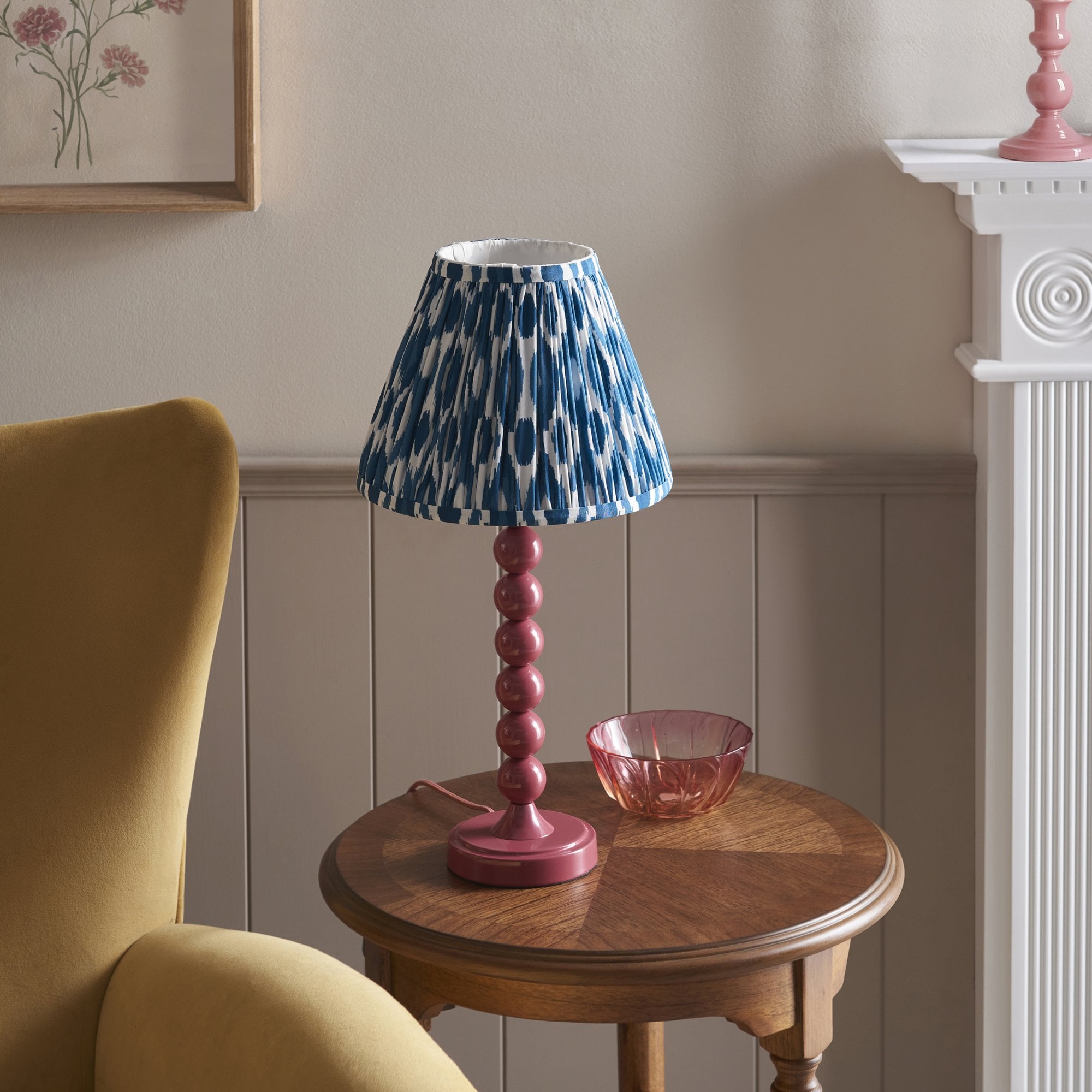 Endon Higgledy Gloss Pink Clay Table Lamp & Ikat 25cm Marlin Blue Shade