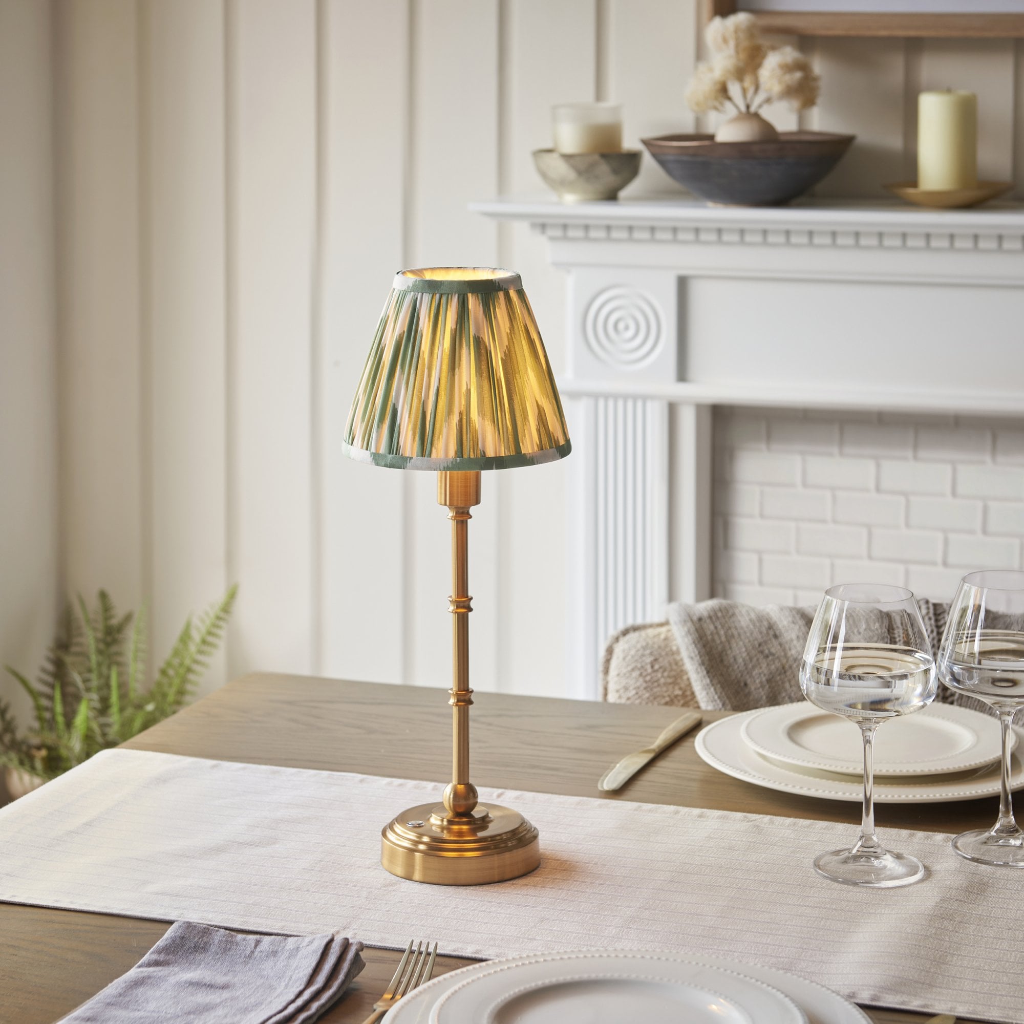 Endon Burley Rechargeable Table Lamp & Zigzag 16cm Cotswold Green Shade