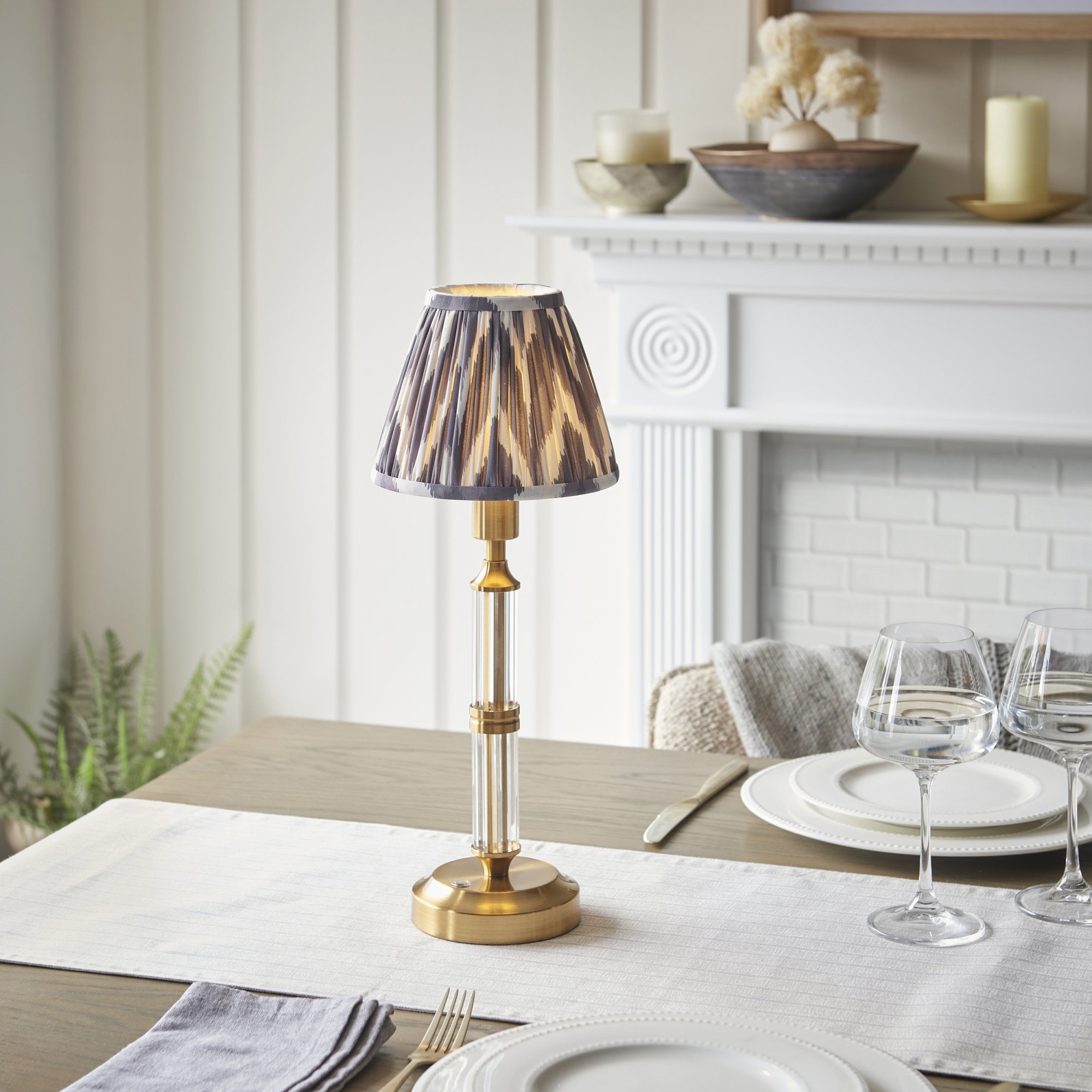 Endon Morton Rechargeable Table Lamp & Zigzag 16cm Pearl Grey Shade