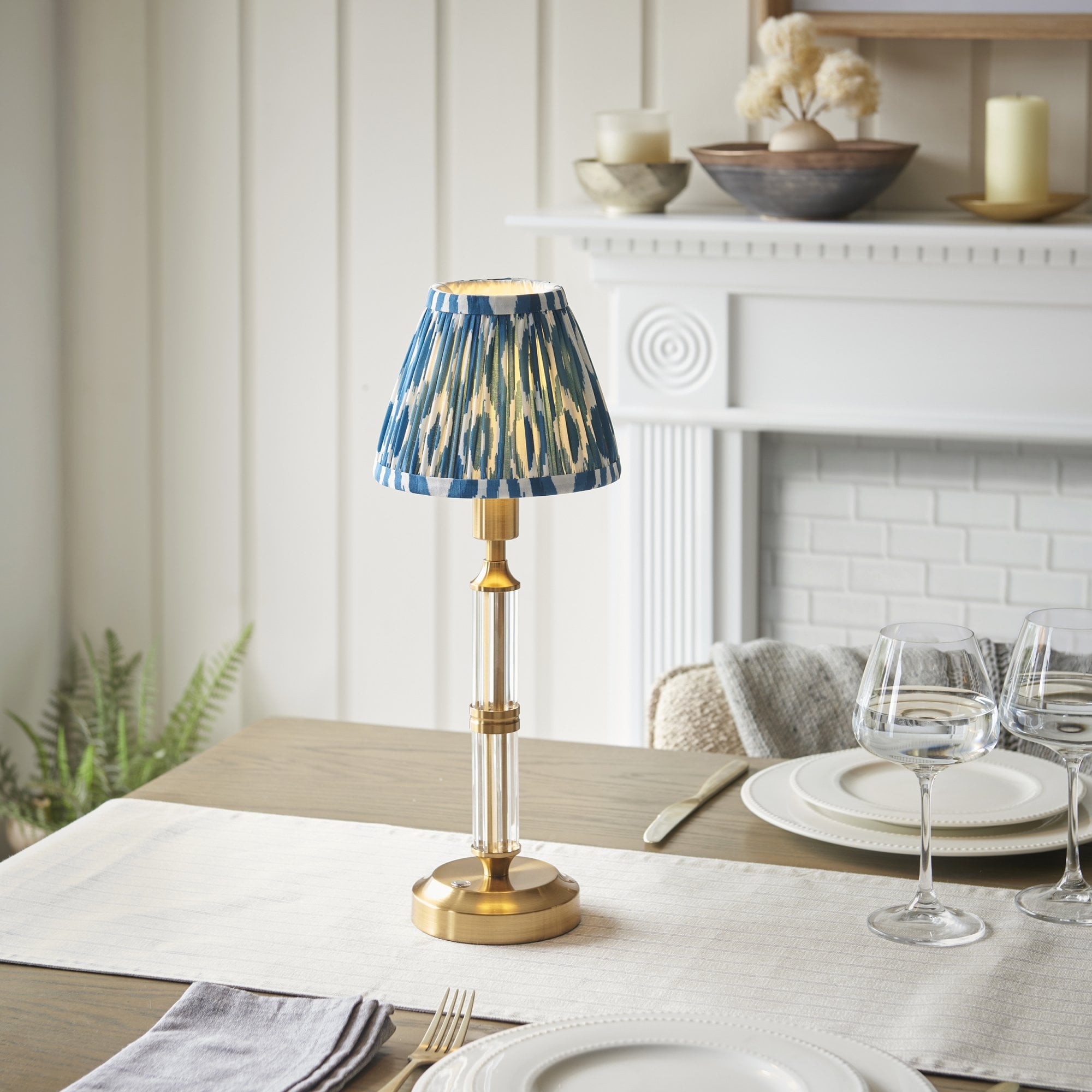 Endon Morton Rechargeable Table Lamp & Ikat 16cm Marlin Blue Shade