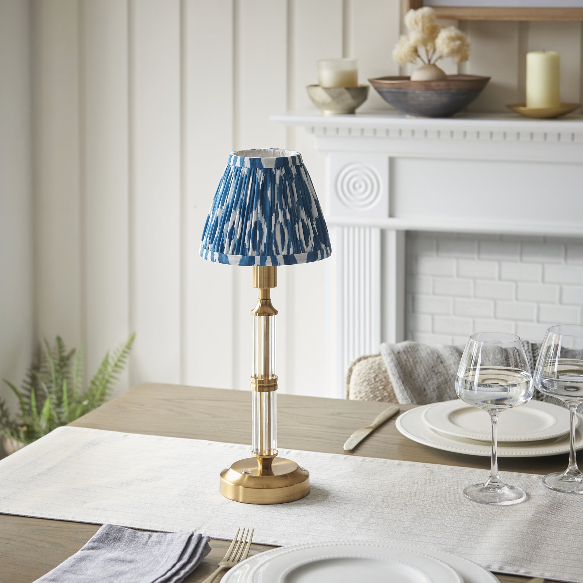 Endon Morton Rechargeable Table Lamp & Ikat 16cm Marlin Blue Shade