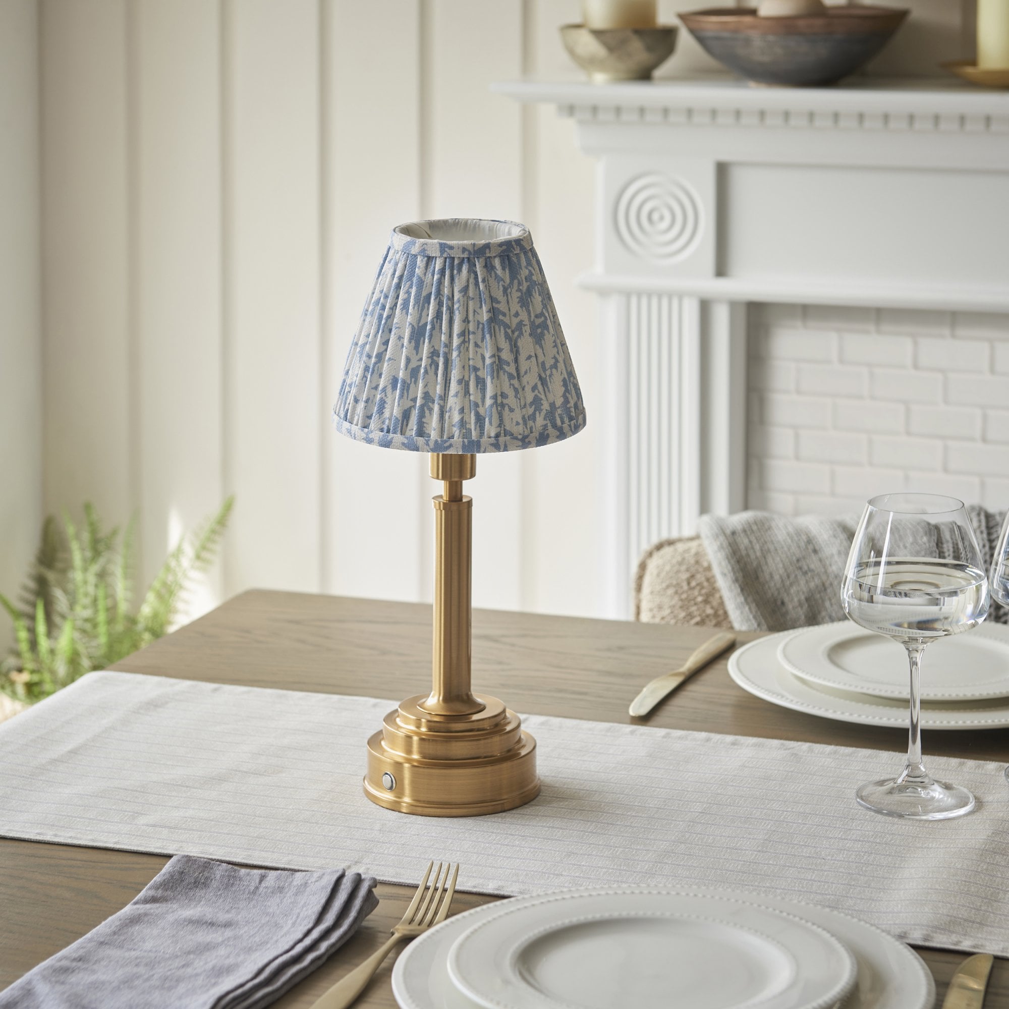 Endon Upton Rechargeable Table Lamp & Leaf 16cm Shell Bay Blue Shade