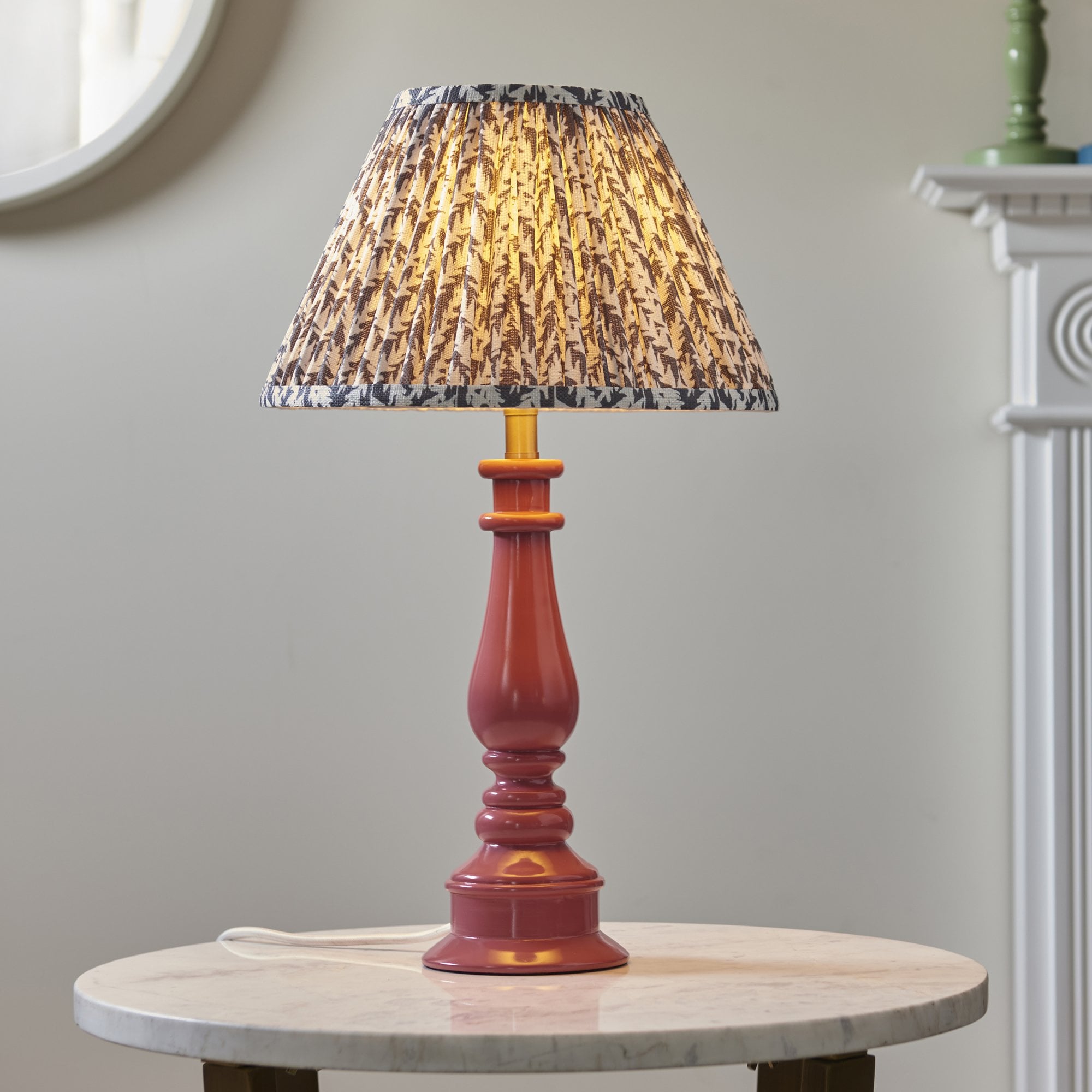 Endon Myrtle Gloss Pink Clay Table Lamp & Leaf 30cm Pearl Grey Shade