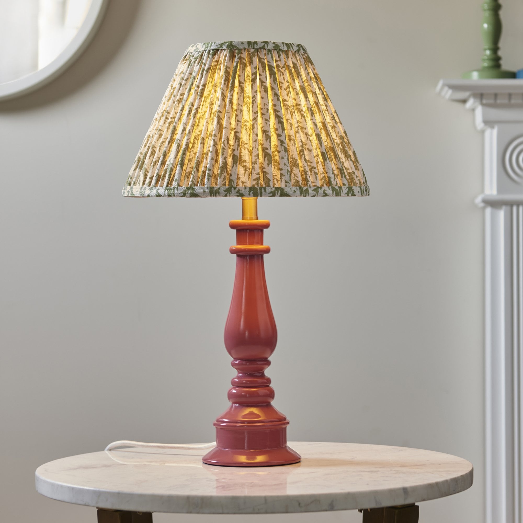 Endon Myrtle Gloss Pink Clay Table Lamp & Leaf 30cm Herb Garden Green Shade