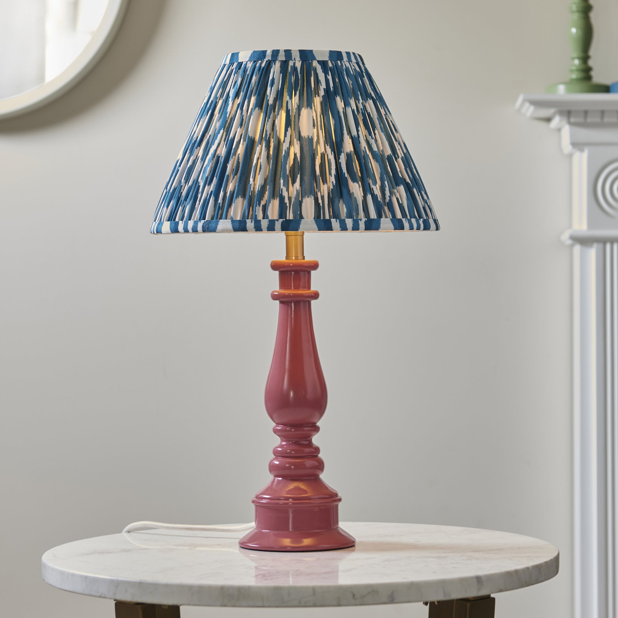 Endon Myrtle Gloss Pink Clay Table Lamp & Ikat 30cm Marlin Blue Shade