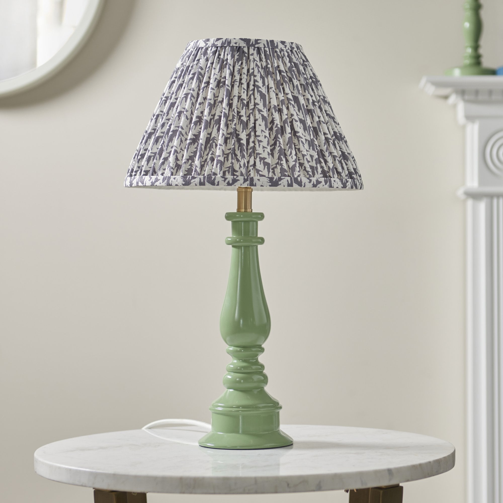 Endon Myrtle Gloss Cotswold Green Table Lamp & Leaf 30cm Pearl Grey Shade
