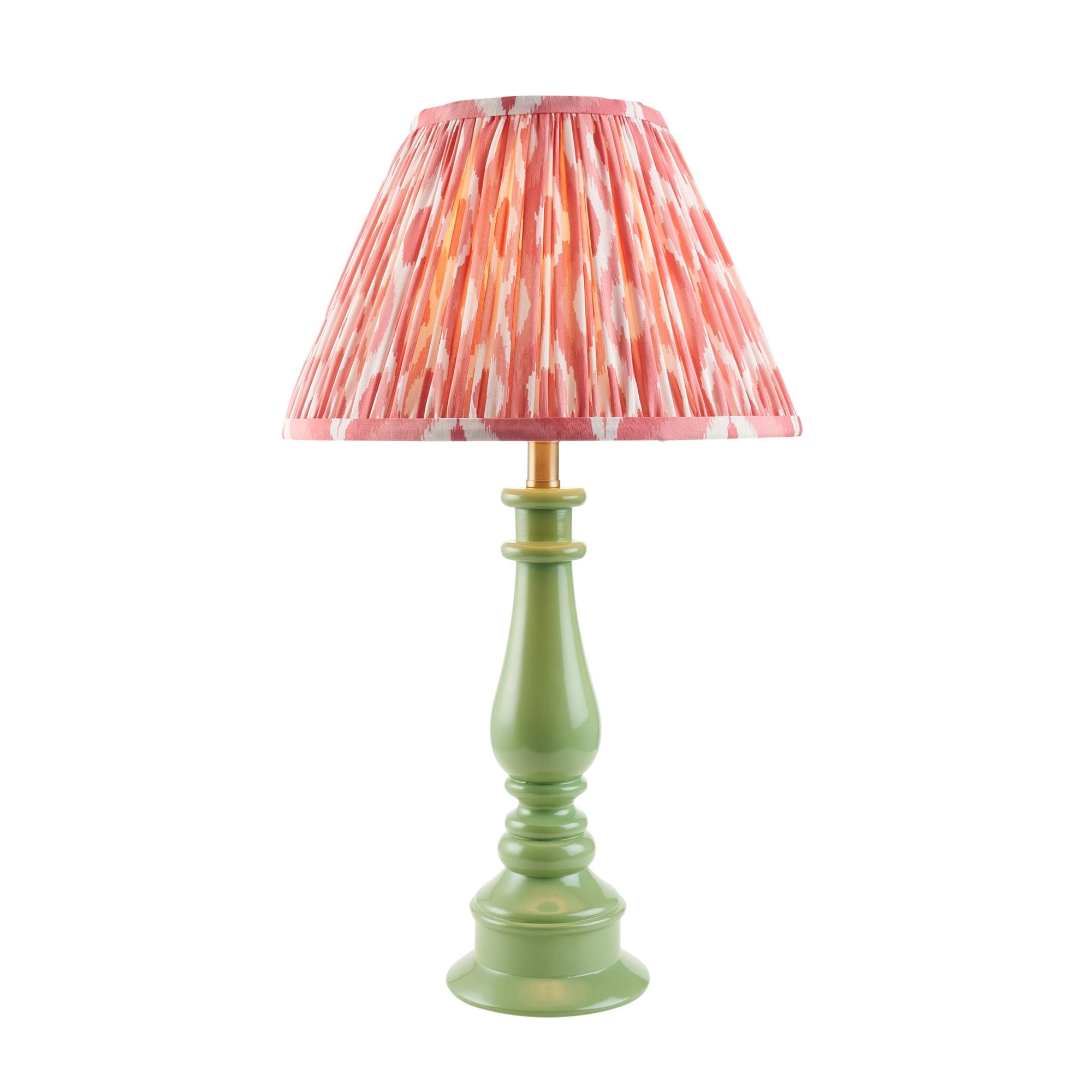 Endon Myrtle Gloss Cotswold Green Table Lamp & Ikat 30cm Coral Pink Shade