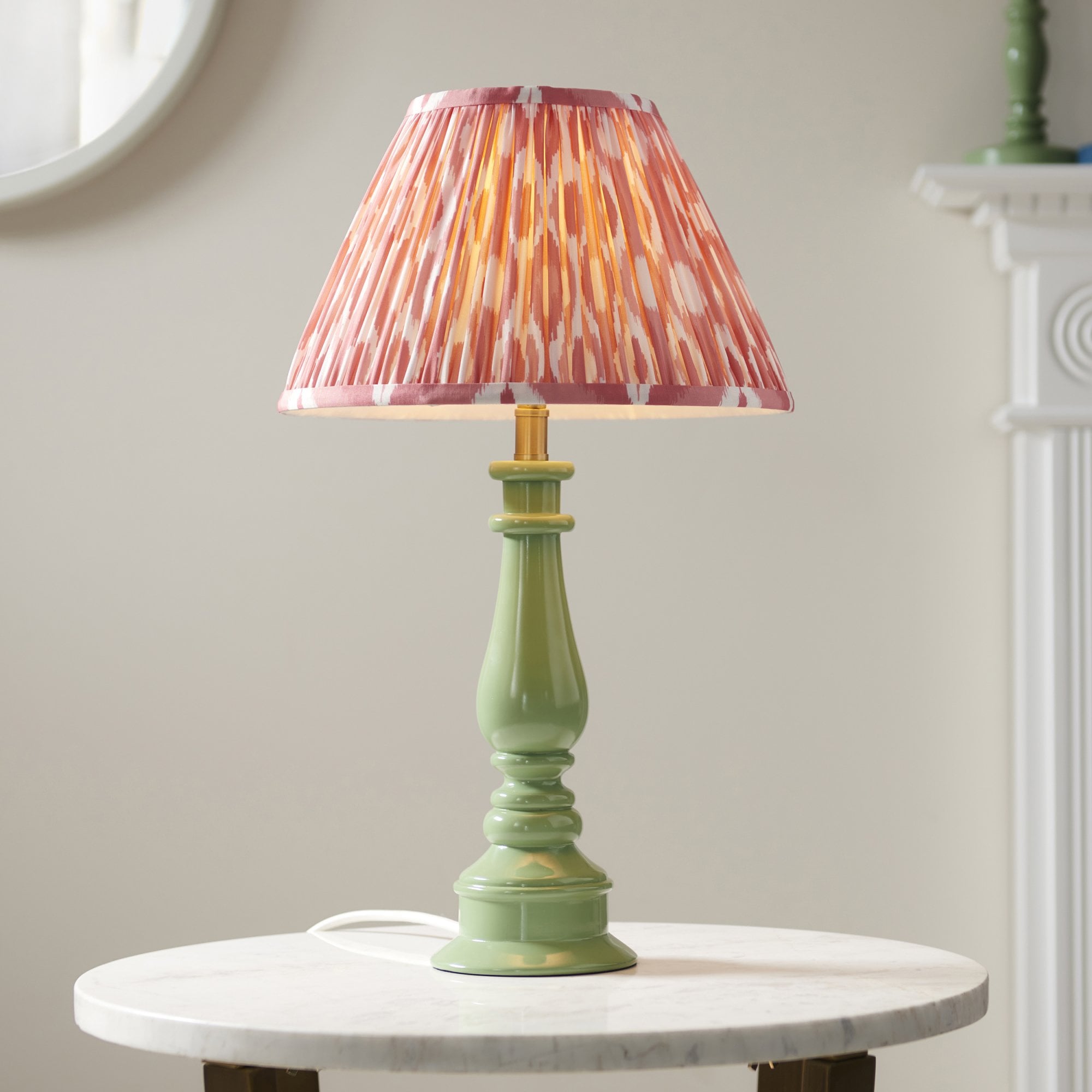 Endon Myrtle Gloss Cotswold Green Table Lamp & Ikat 30cm Coral Pink Shade