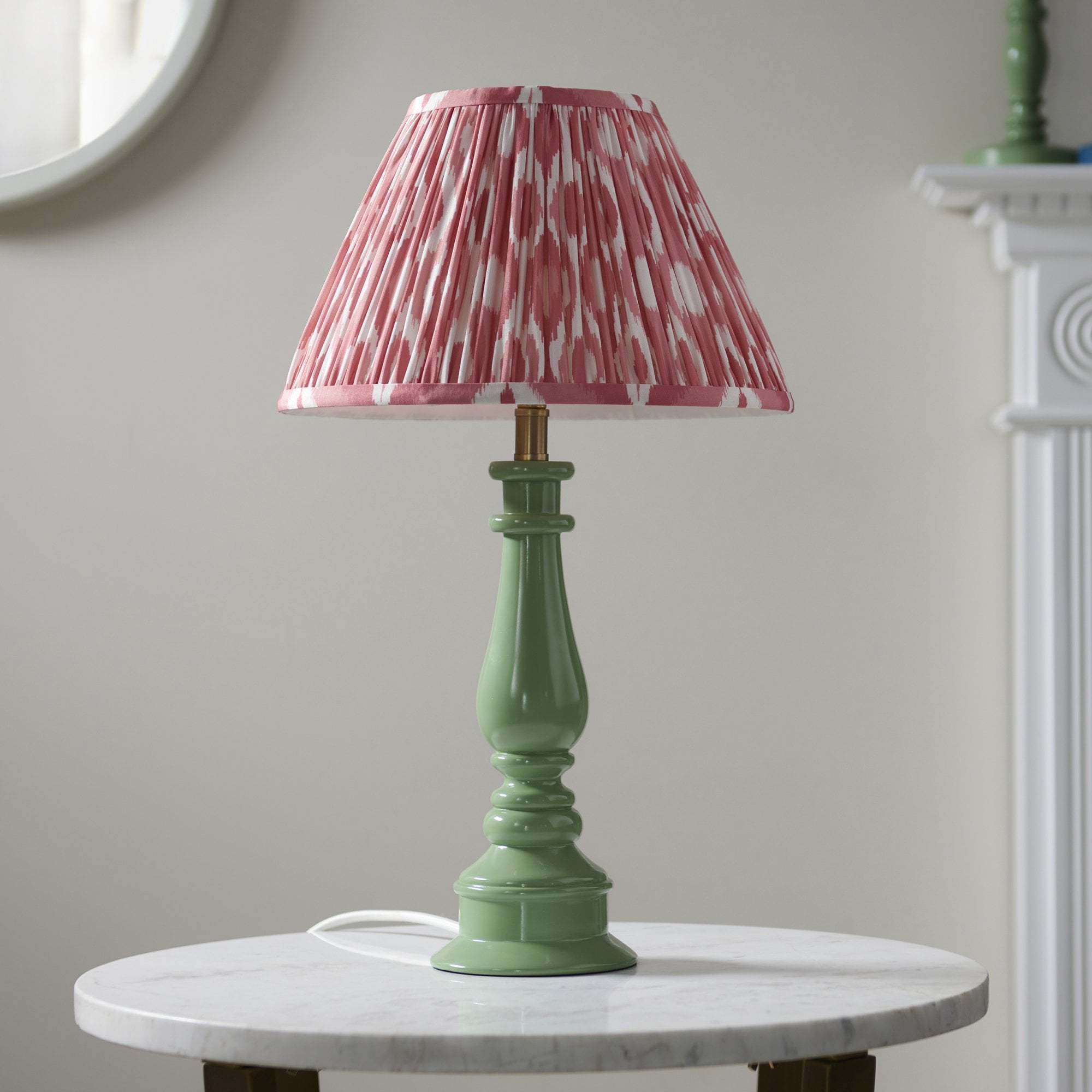 Endon Myrtle Gloss Cotswold Green Table Lamp & Ikat 30cm Coral Pink Shade