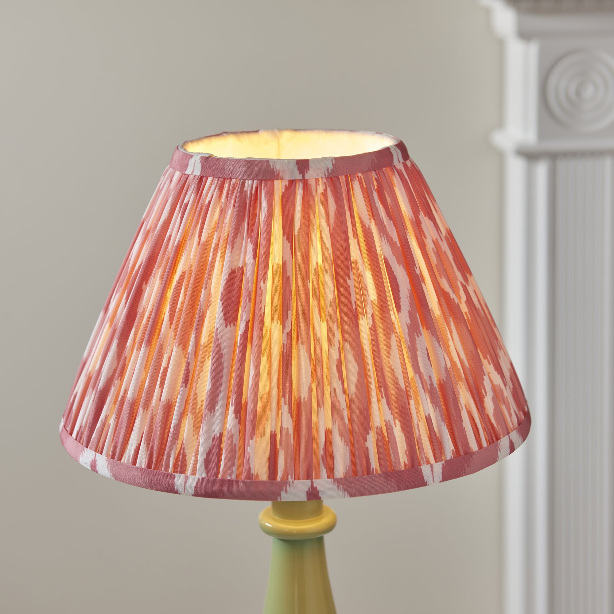 Endon Myrtle Gloss Cotswold Green Table Lamp & Ikat 30cm Coral Pink Shade